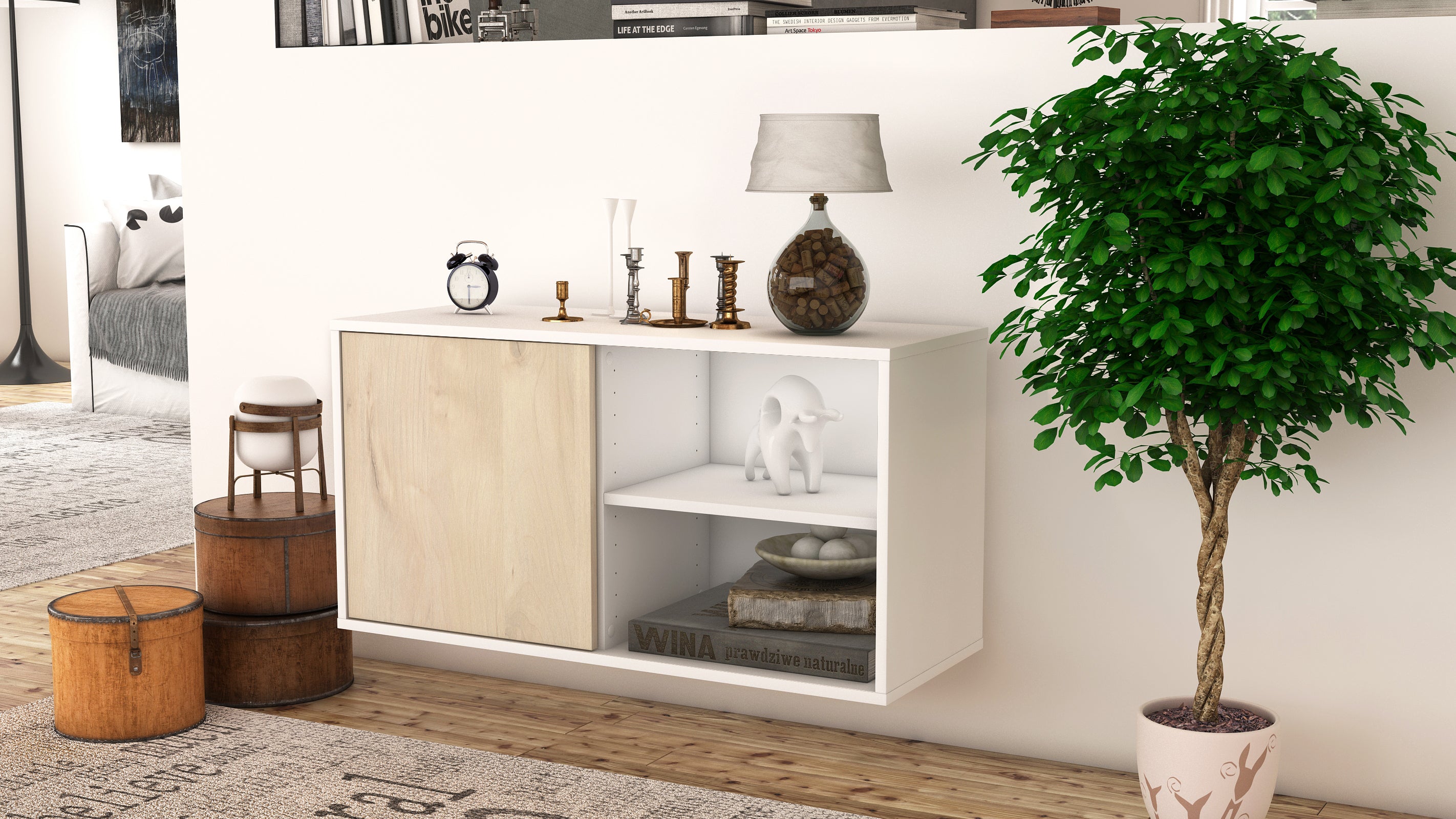 Lowboard - Adelia - Design Holzdekor - Wandmontage mit Push to Open 92 cm Weiss