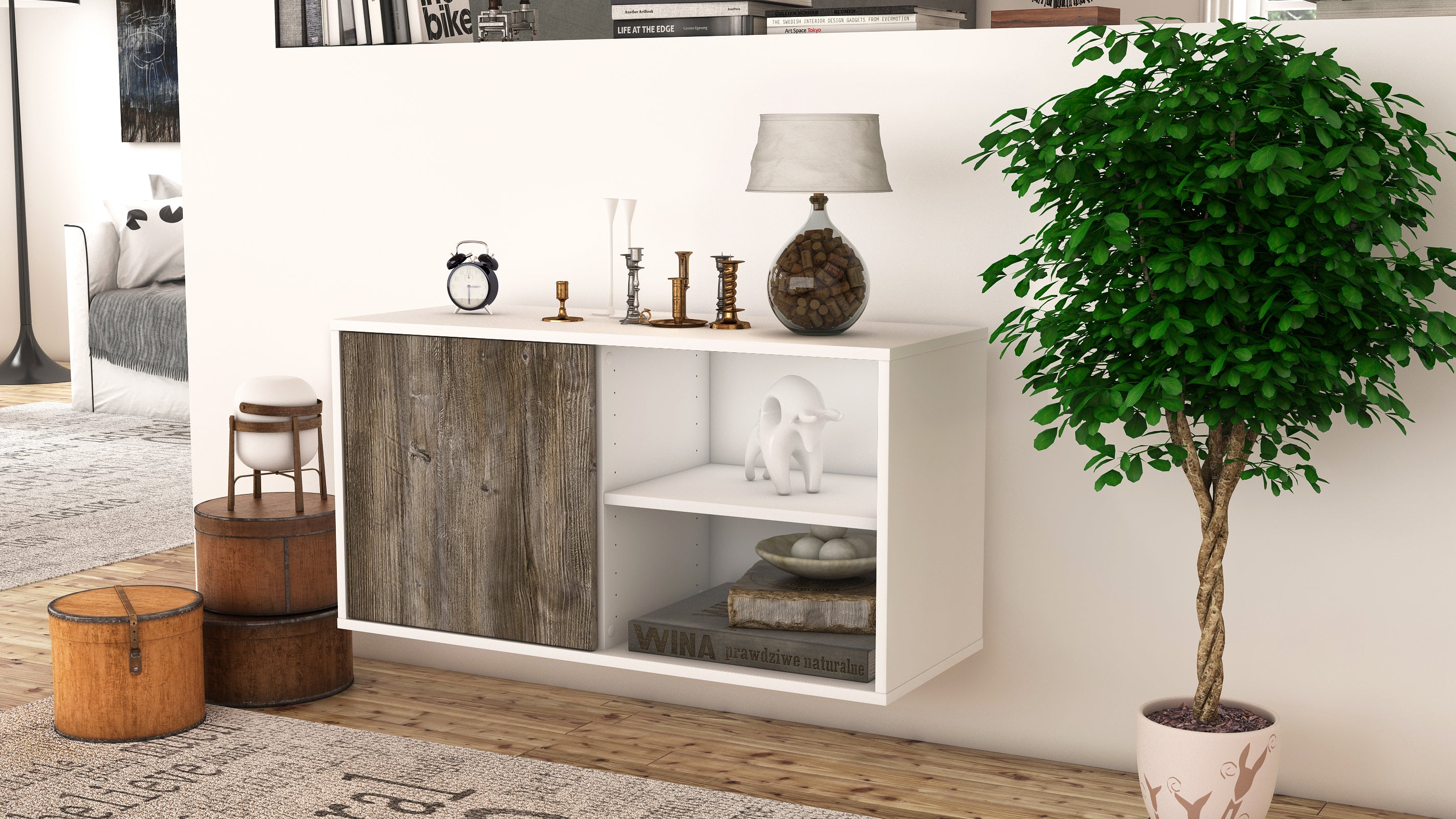 Lowboard - Adelia - Design Holzdekor - Wandmontage mit Push to Open 92 cm Weiss