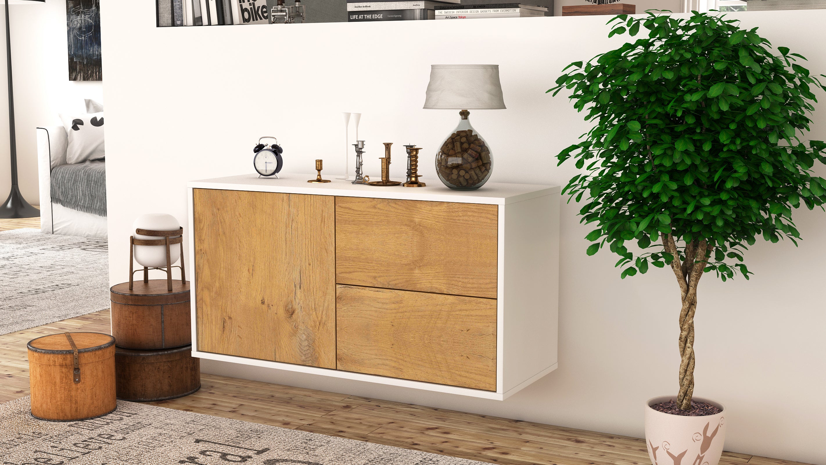 Lowboard - Adria - Design Holzdekor - Wandmontage mit Push to Open 92 cm Weiss