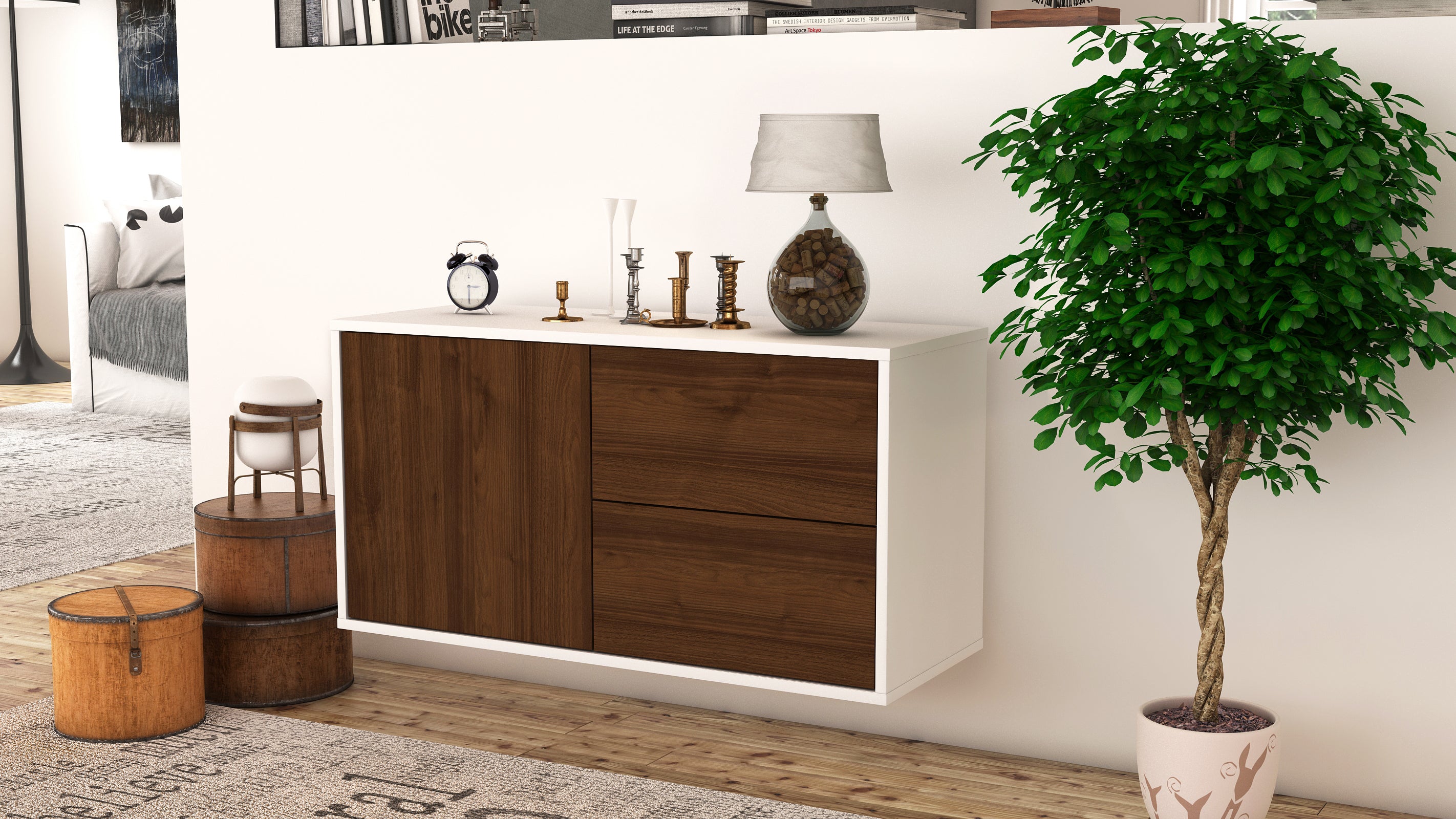 Lowboard - Adria - Design Holzdekor - Wandmontage mit Push to Open 92 cm Weiss