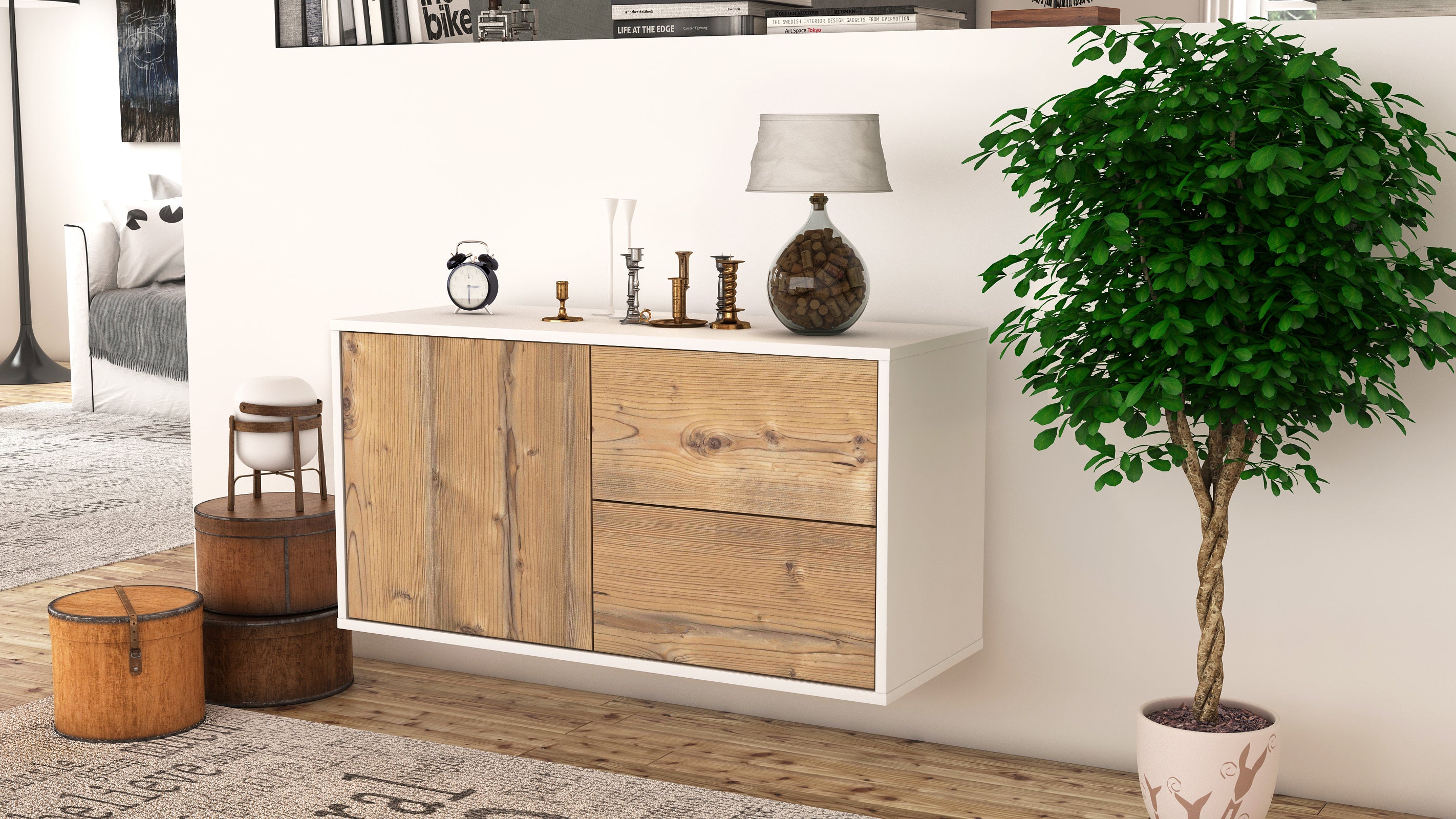 Lowboard - Adria - Design Holzdekor - Wandmontage mit Push to Open 92 cm Weiss