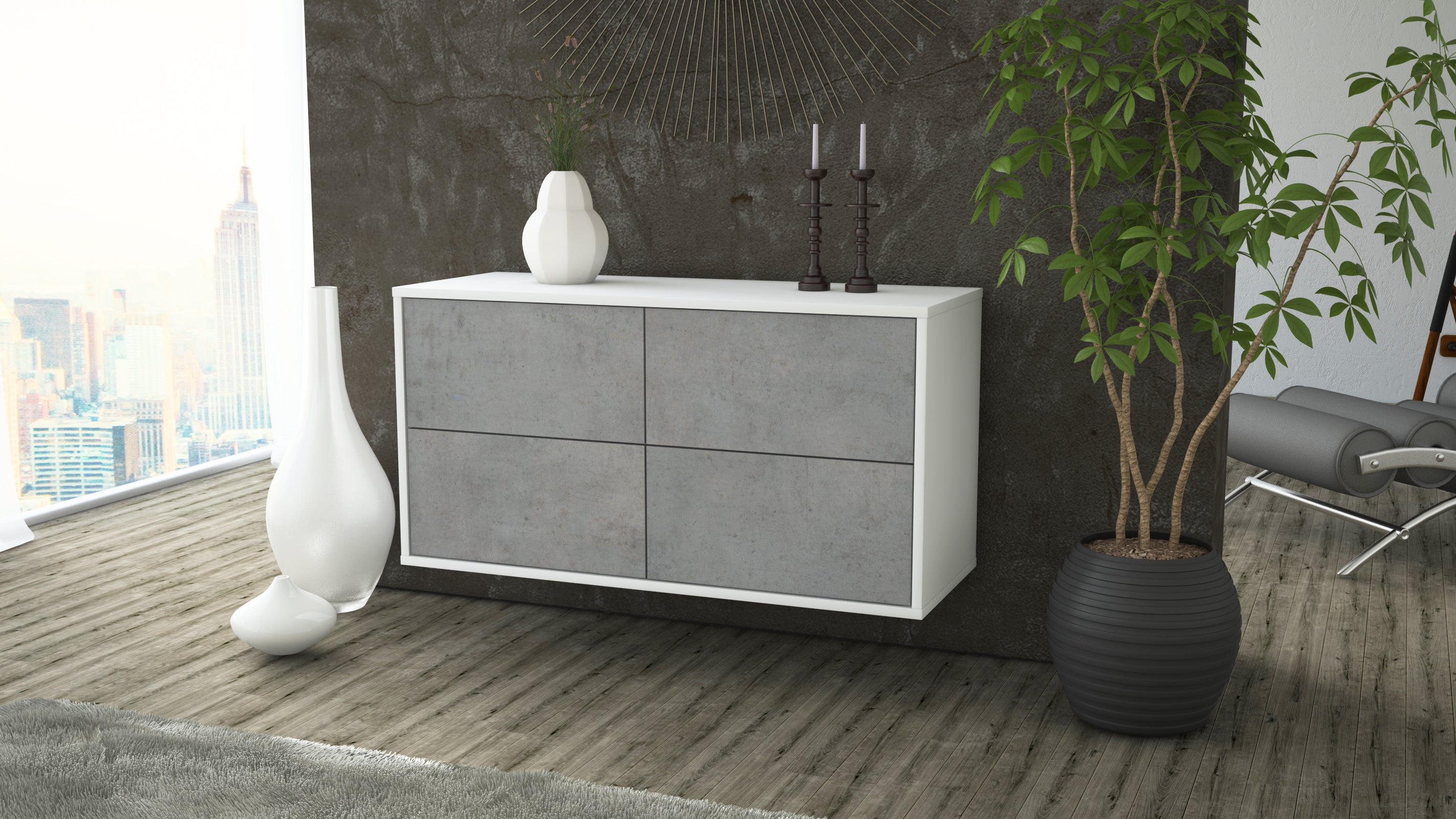 Lowboard - Aella - Design Industrie Stil - Wandmontage mit Push to Open 92 cm Weiss