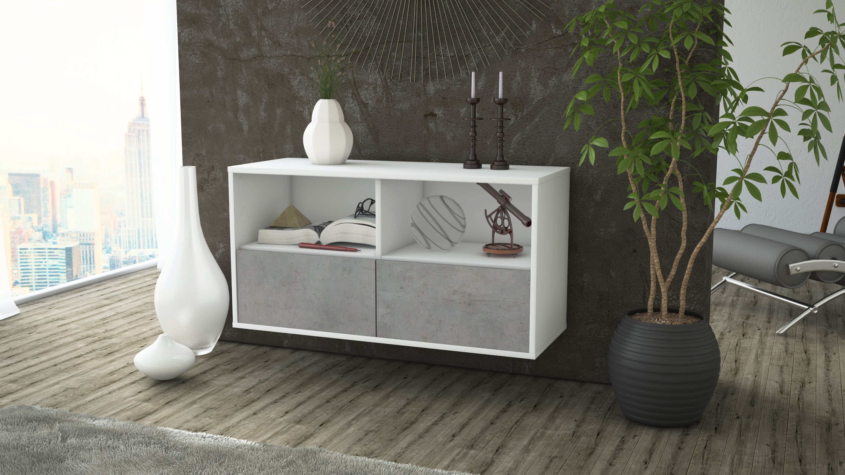 Lowboard - Aeon - Design Industrie Stil - Wandmontage mit Push to Open 92 cm Weiss