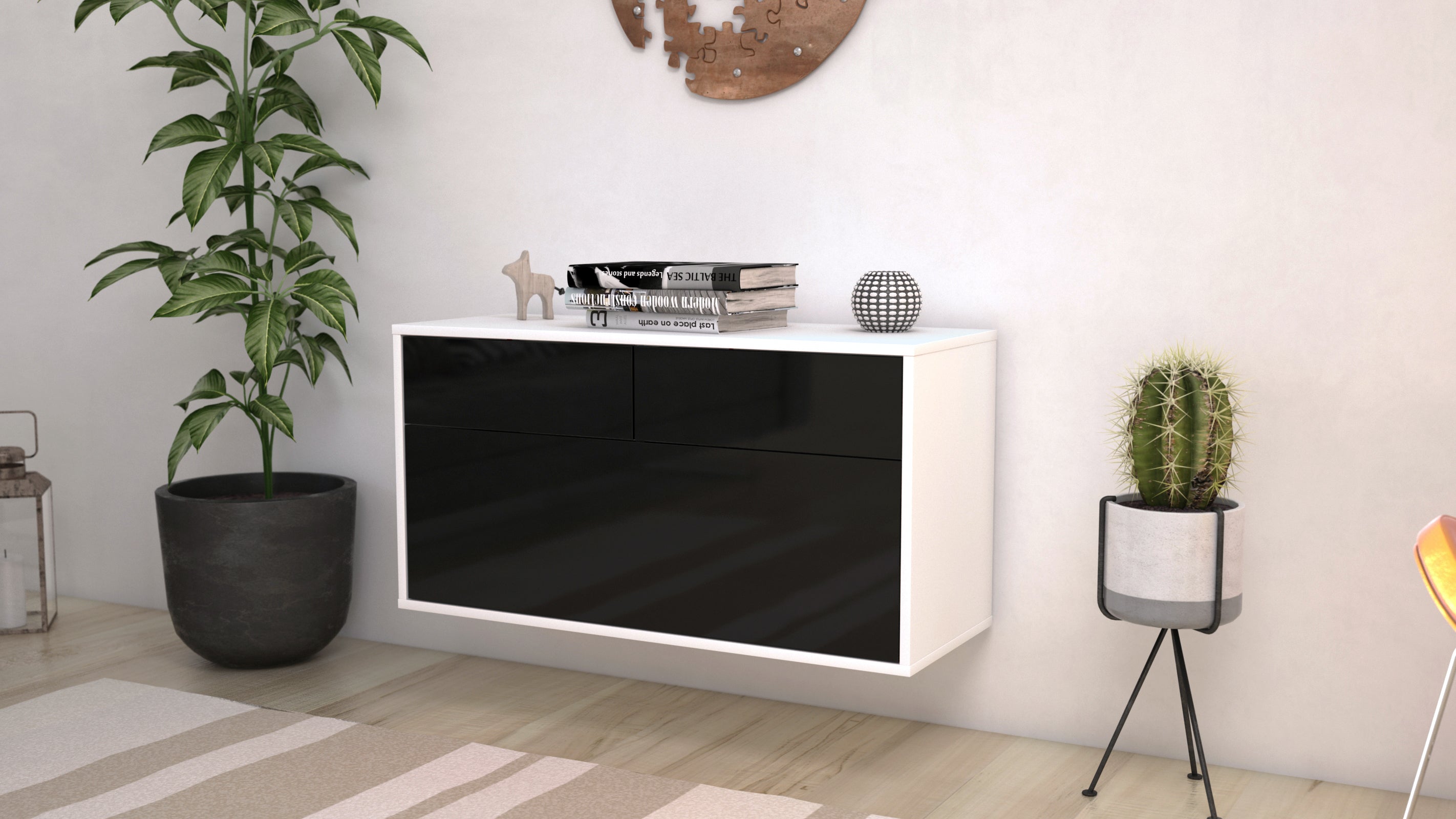 Lowboard - Agnese - Design Hochglanz - Wandmontage mit Push to Open 92 cm Weiss