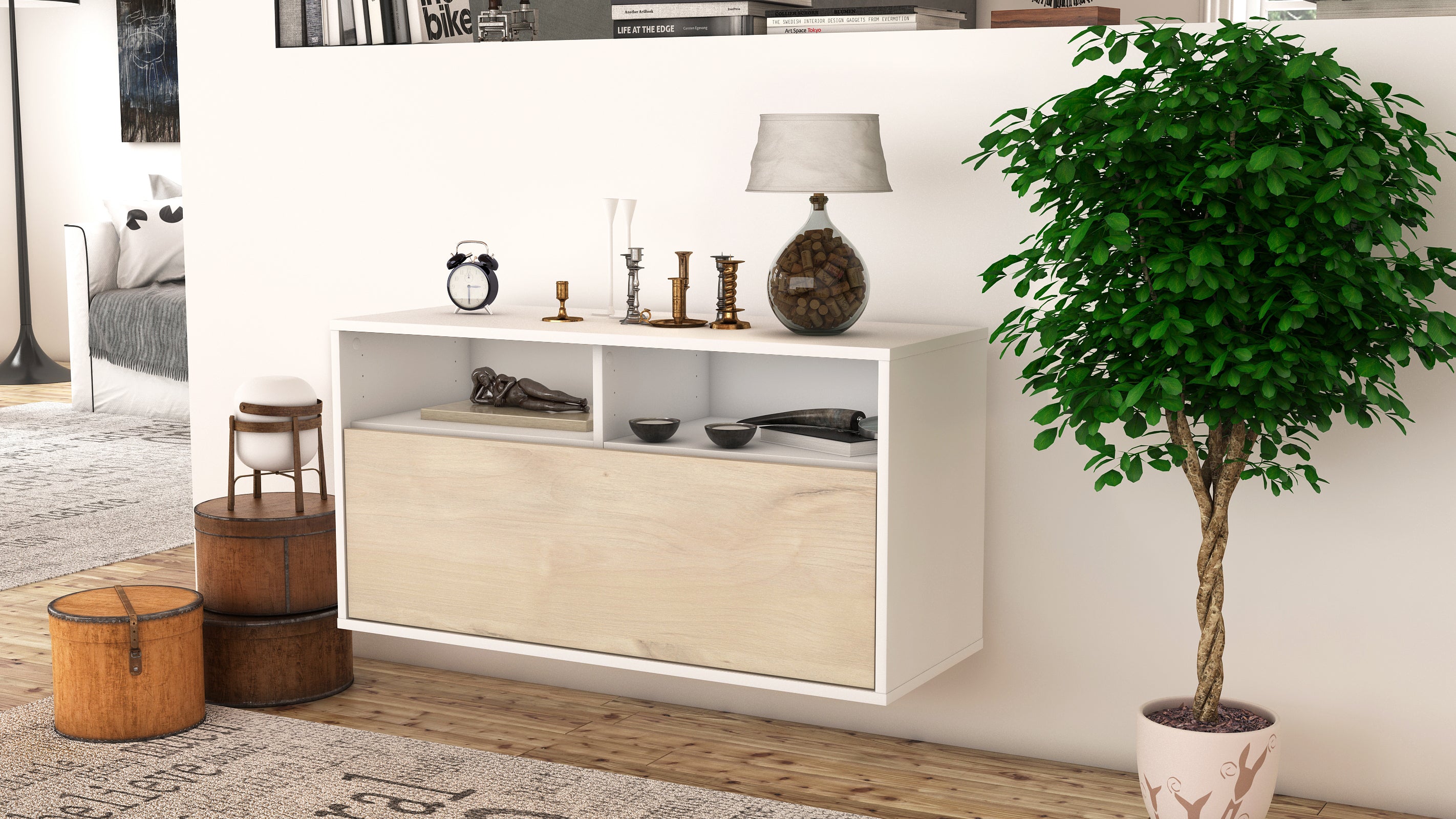Lowboard - Agostina - Design Holzdekor - Wandmontage mit Push to Open 92 cm Weiss