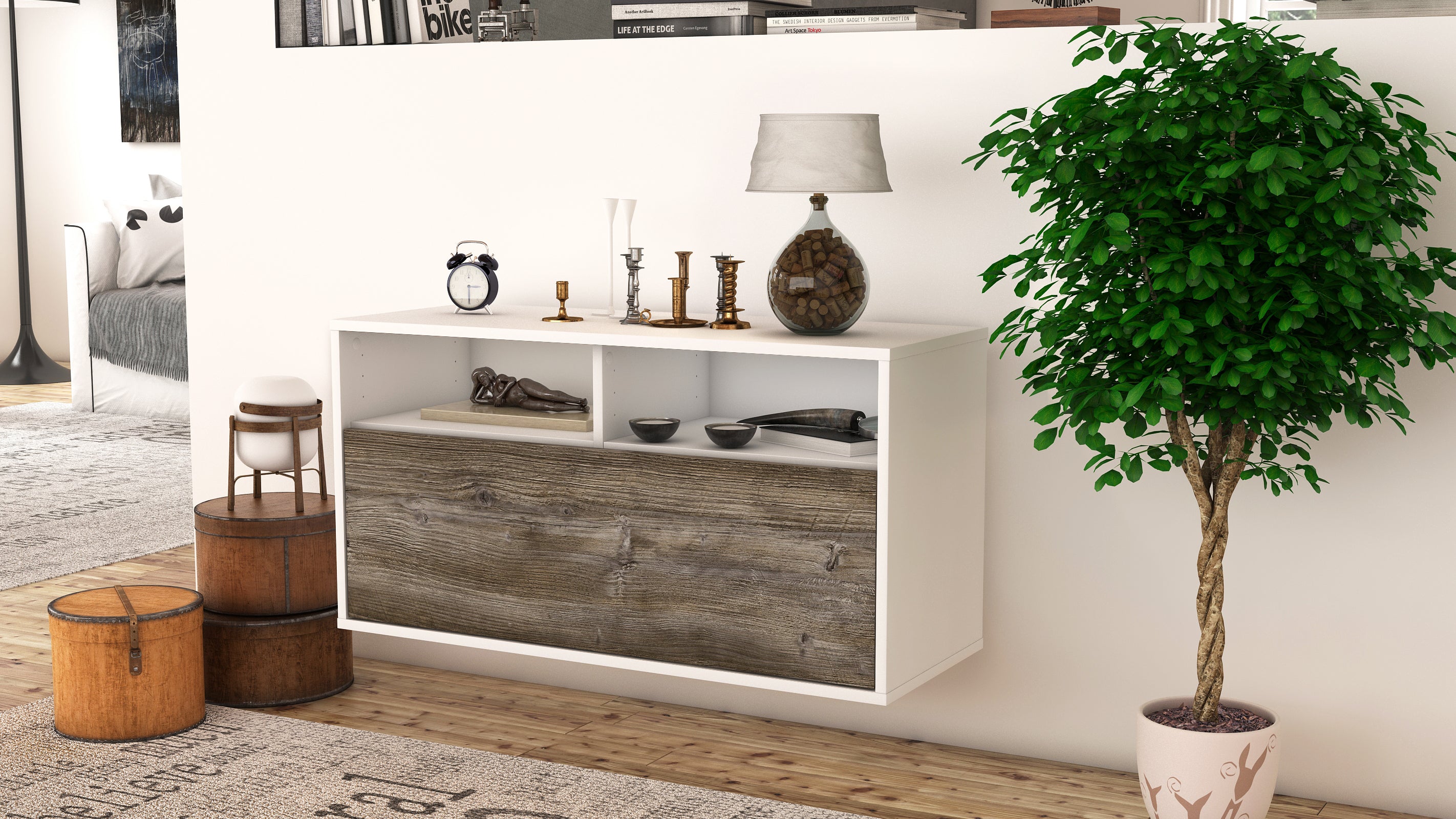 Lowboard - Agostina - Design Holzdekor - Wandmontage mit Push to Open 92 cm Weiss