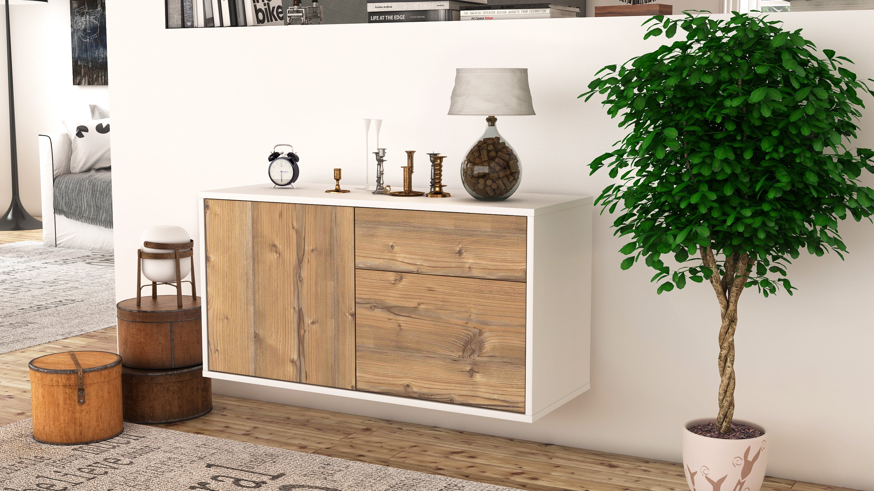 Lowboard - Aja - Design Holzdekor - Wandmontage mit Push to Open 92 cm Weiss
