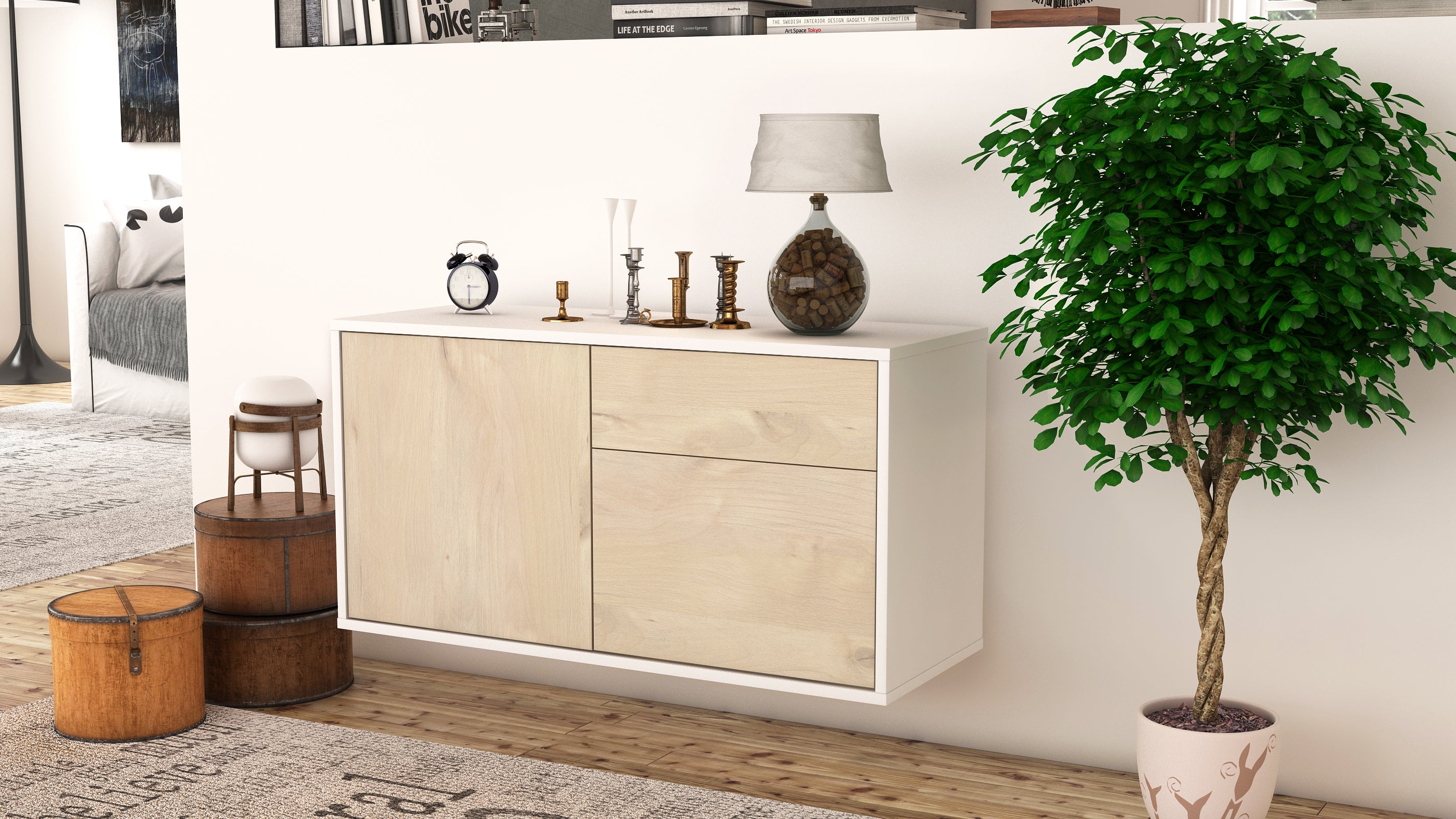 Lowboard - Aja - Design Holzdekor - Wandmontage mit Push to Open 92 cm Weiss