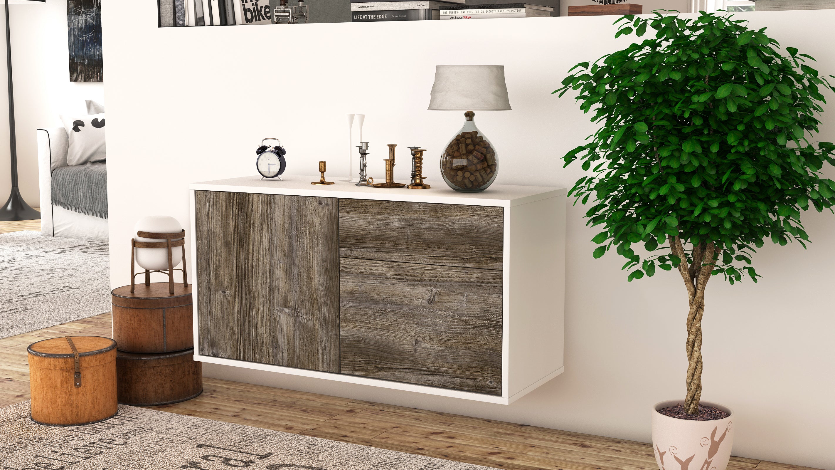Lowboard - Aja - Design Holzdekor - Wandmontage mit Push to Open 92 cm Weiss