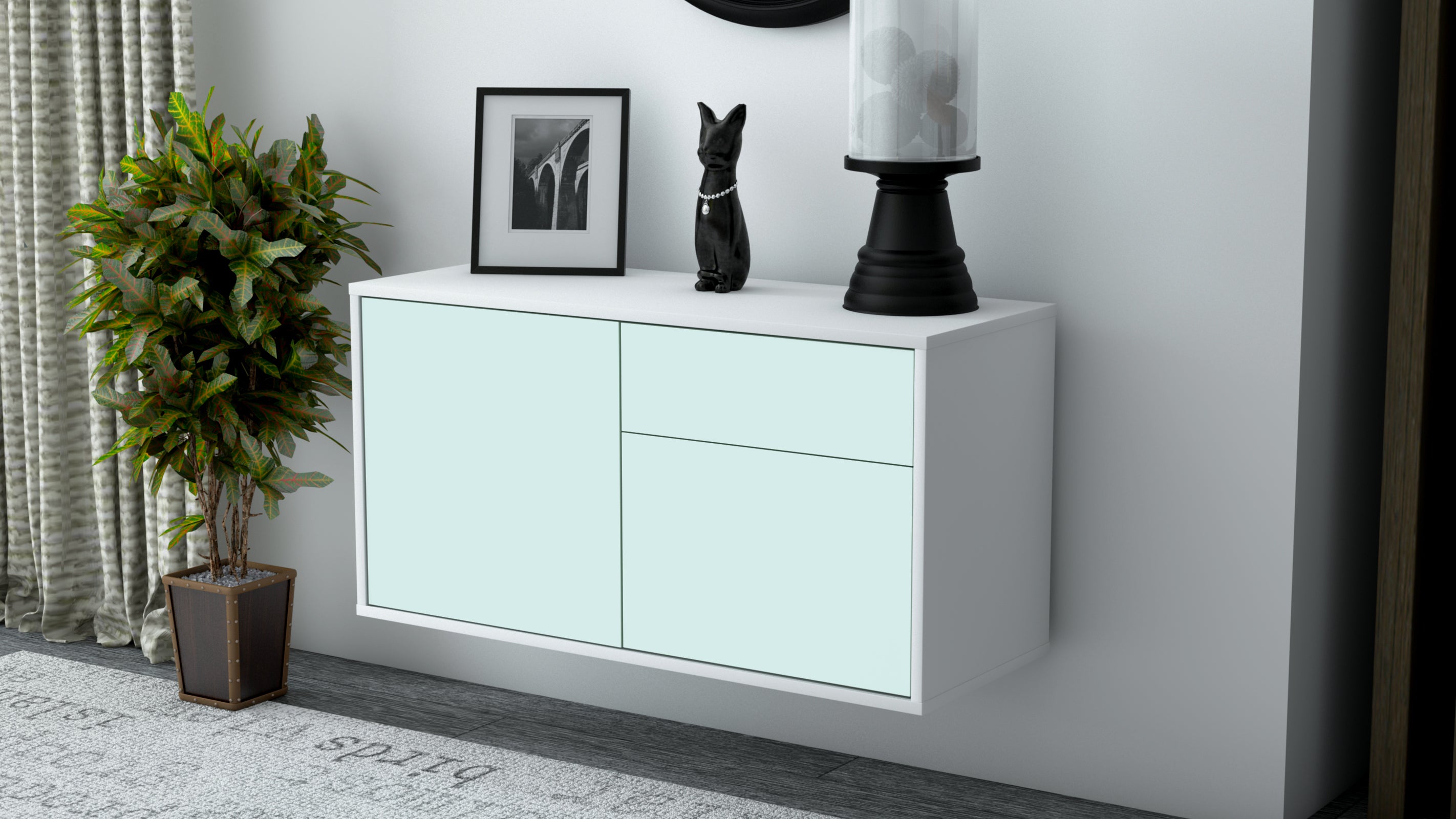 Lowboard - Aja - Design Farbakzent - Wandmontage mit Push to Open 92 cm Weiss