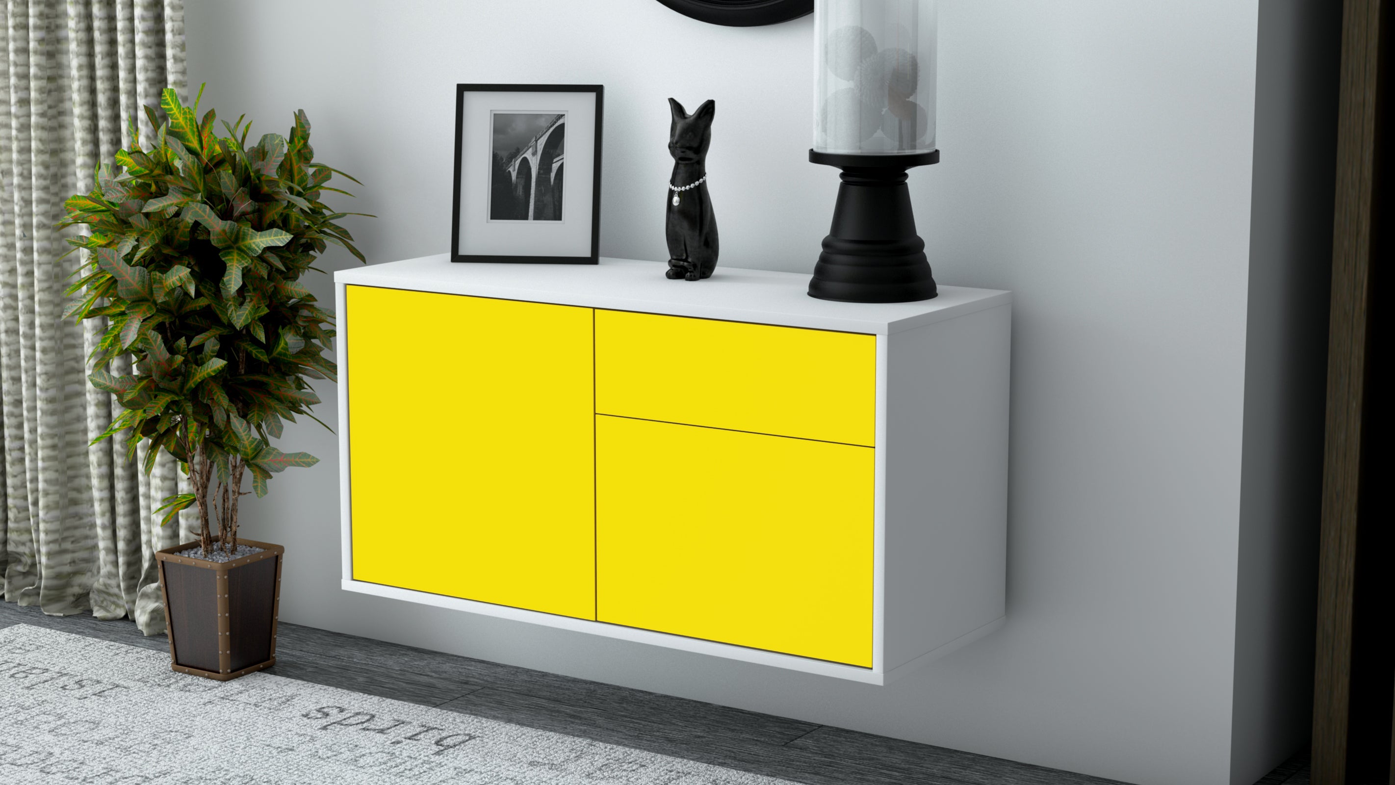 Lowboard - Aja - Design Farbakzent - Wandmontage mit Push to Open 92 cm Weiss