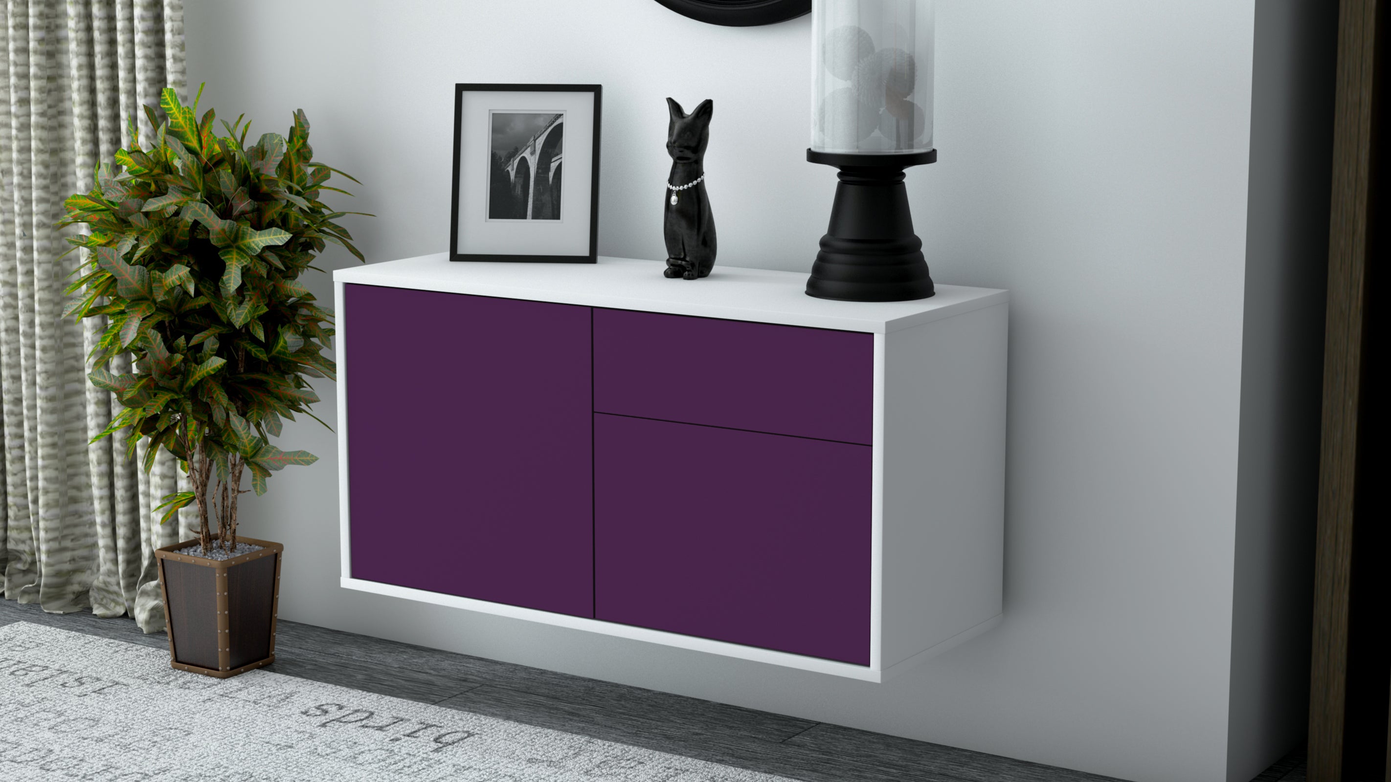 Lowboard - Aja - Design Farbakzent - Wandmontage mit Push to Open 92 cm Weiss