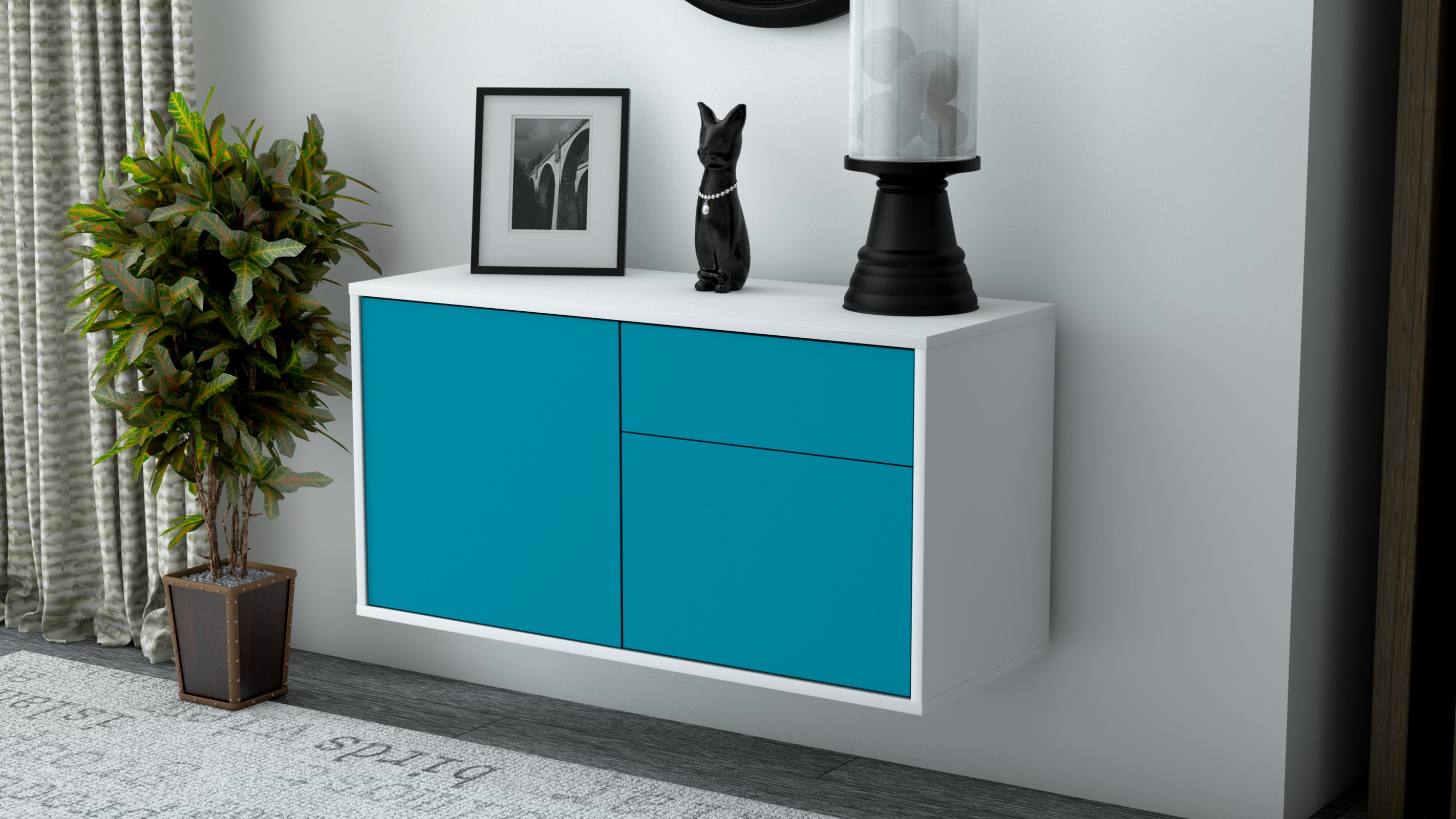 Lowboard - Aja - Design Farbakzent - Wandmontage mit Push to Open 92 cm Weiss
