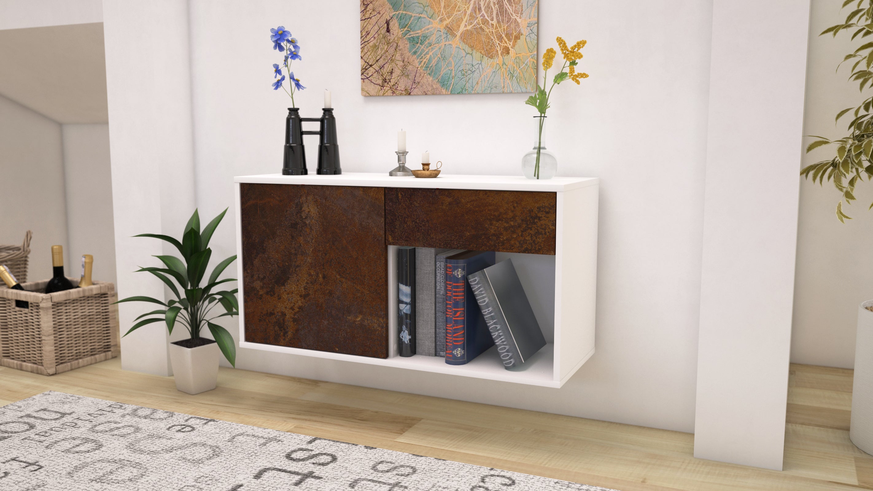 Lowboard - Alberina - Design Industrie Stil - Wandmontage mit Push to Open 92 cm Weiss