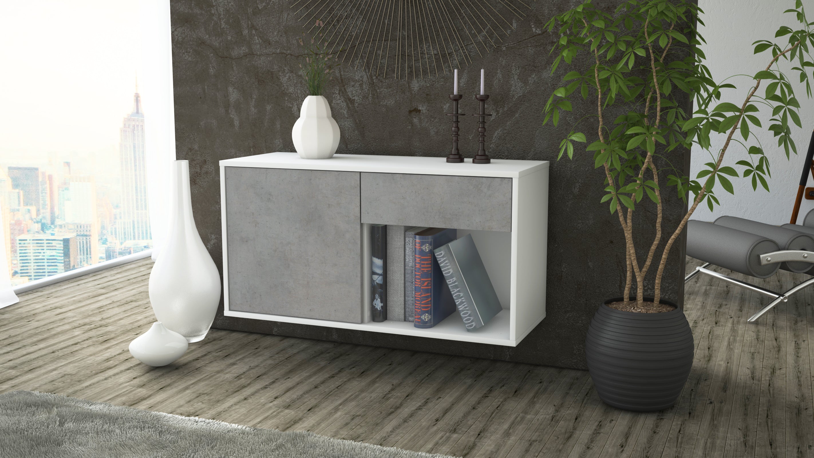 Lowboard - Alberina - Design Industrie Stil - Wandmontage mit Push to Open 92 cm Weiss