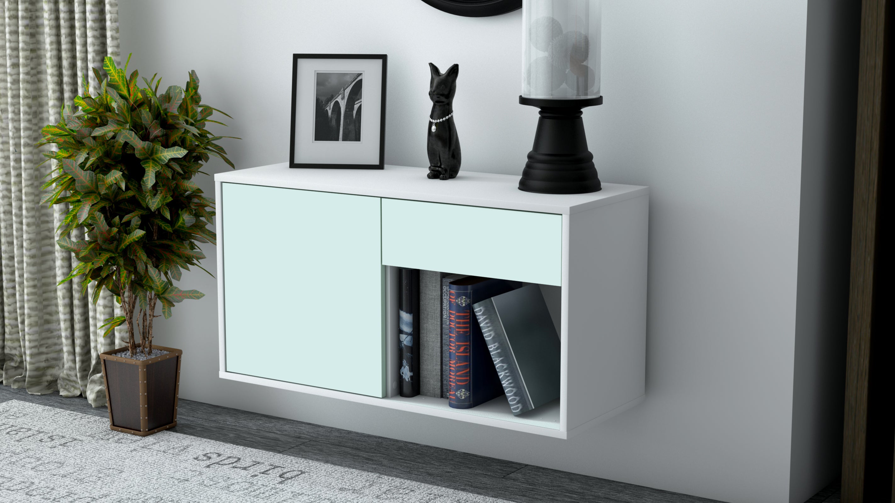 Lowboard - Alberina - Design Farbakzent - Wandmontage mit Push to Open 92 cm Weiss