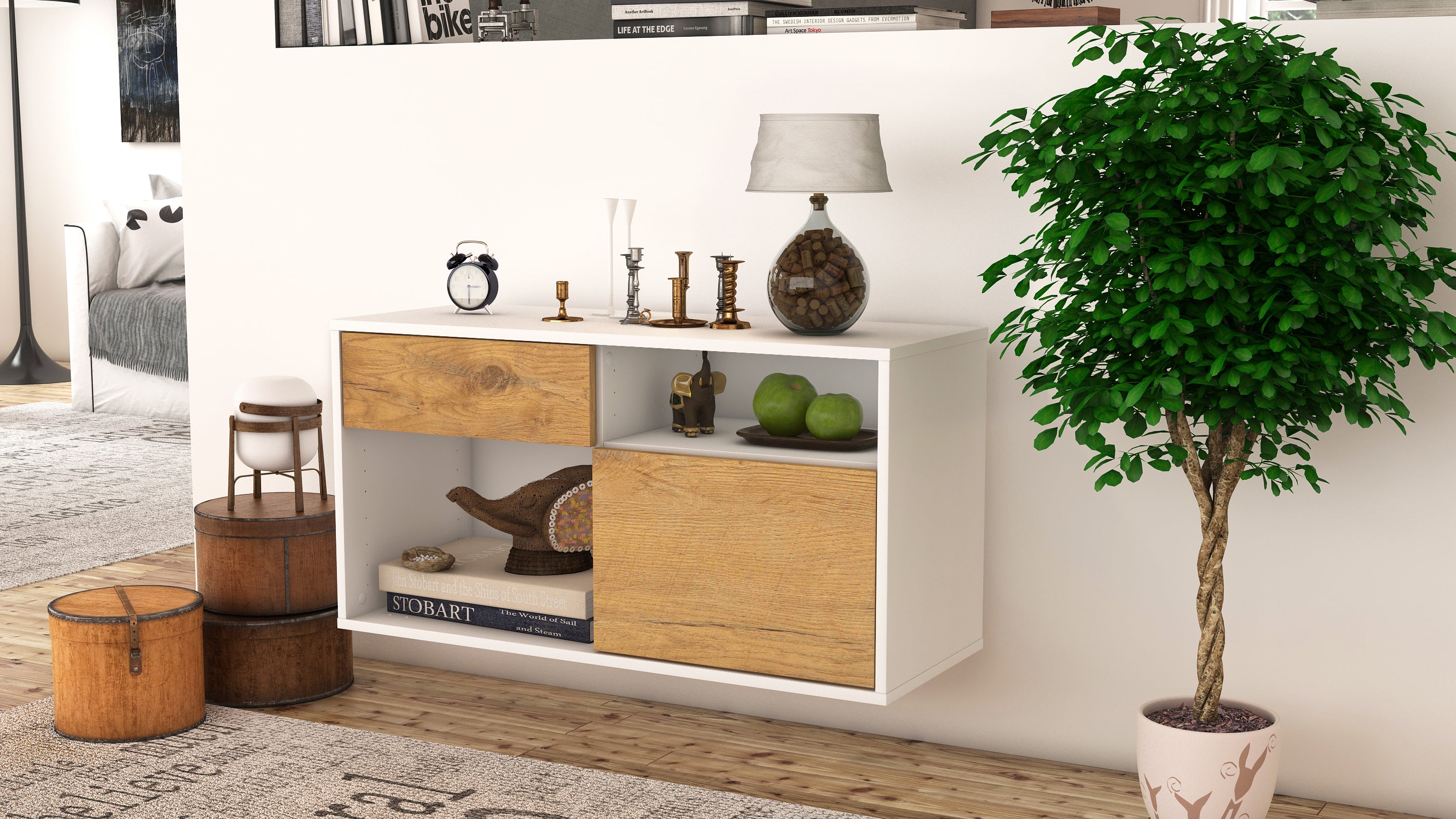 Lowboard - Albina - Design Holzdekor - Wandmontage mit Push to Open 92 cm Weiss