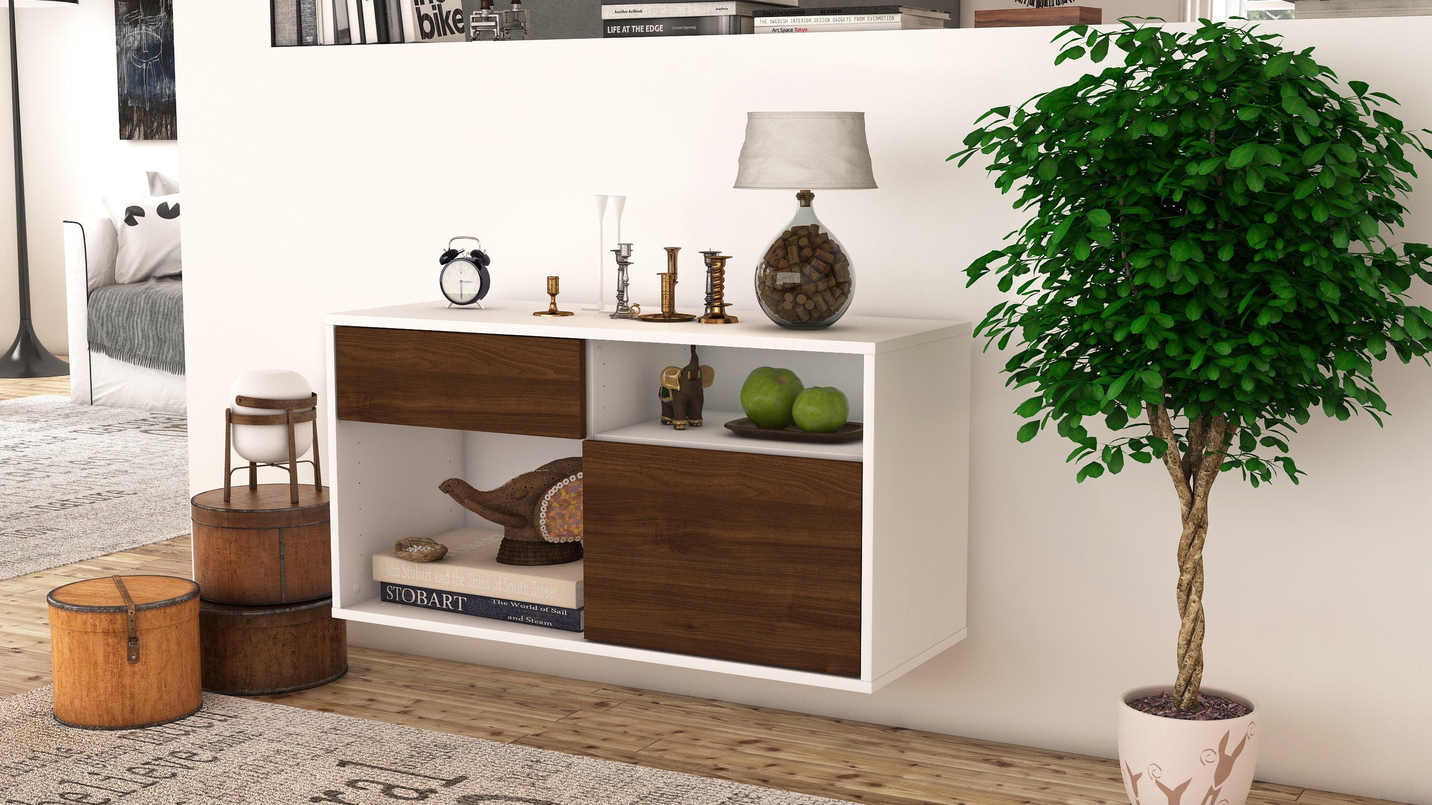Lowboard - Albina - Design Holzdekor - Wandmontage mit Push to Open 92 cm Weiss