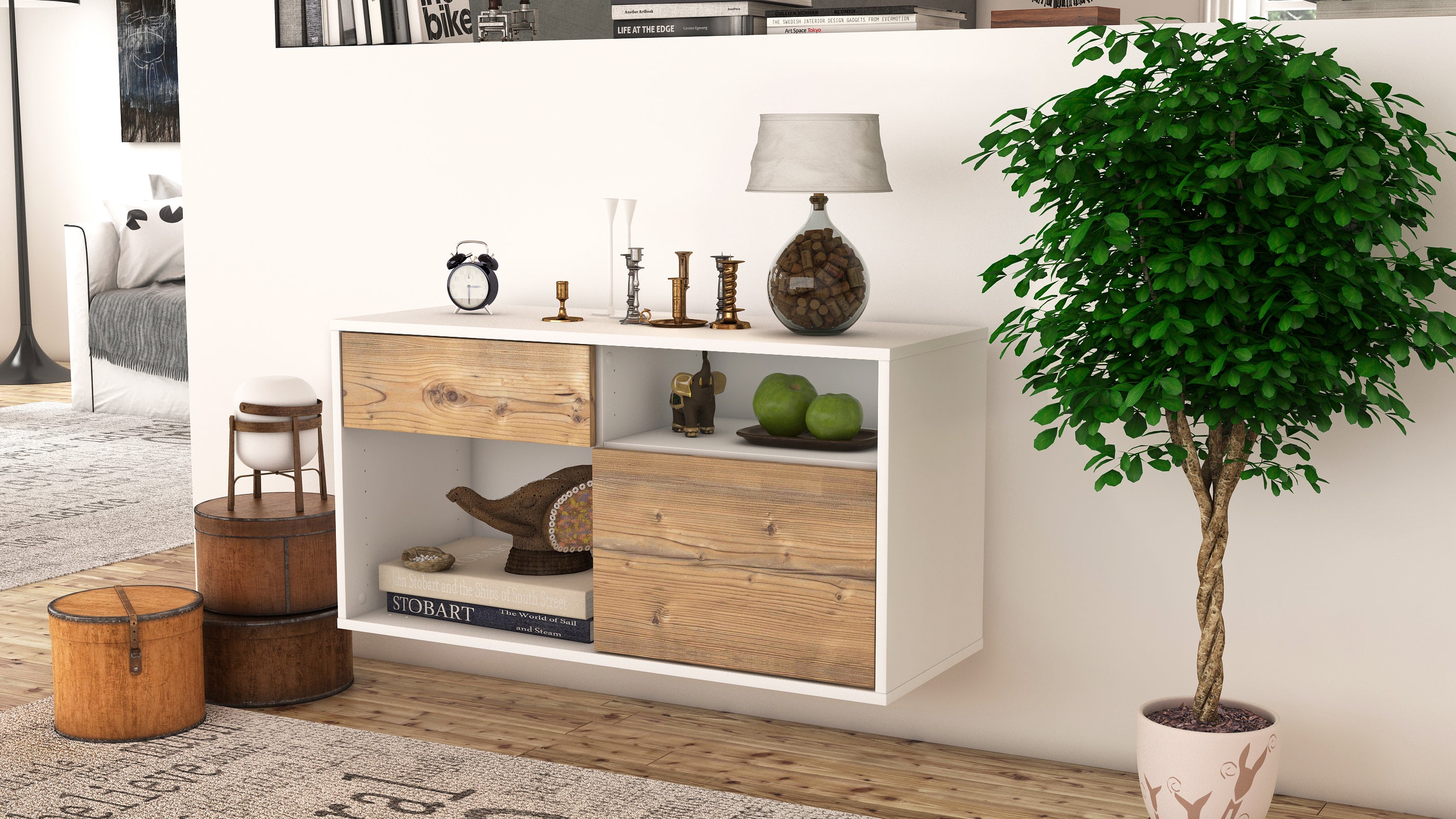 Lowboard - Albina - Design Holzdekor - Wandmontage mit Push to Open 92 cm Weiss