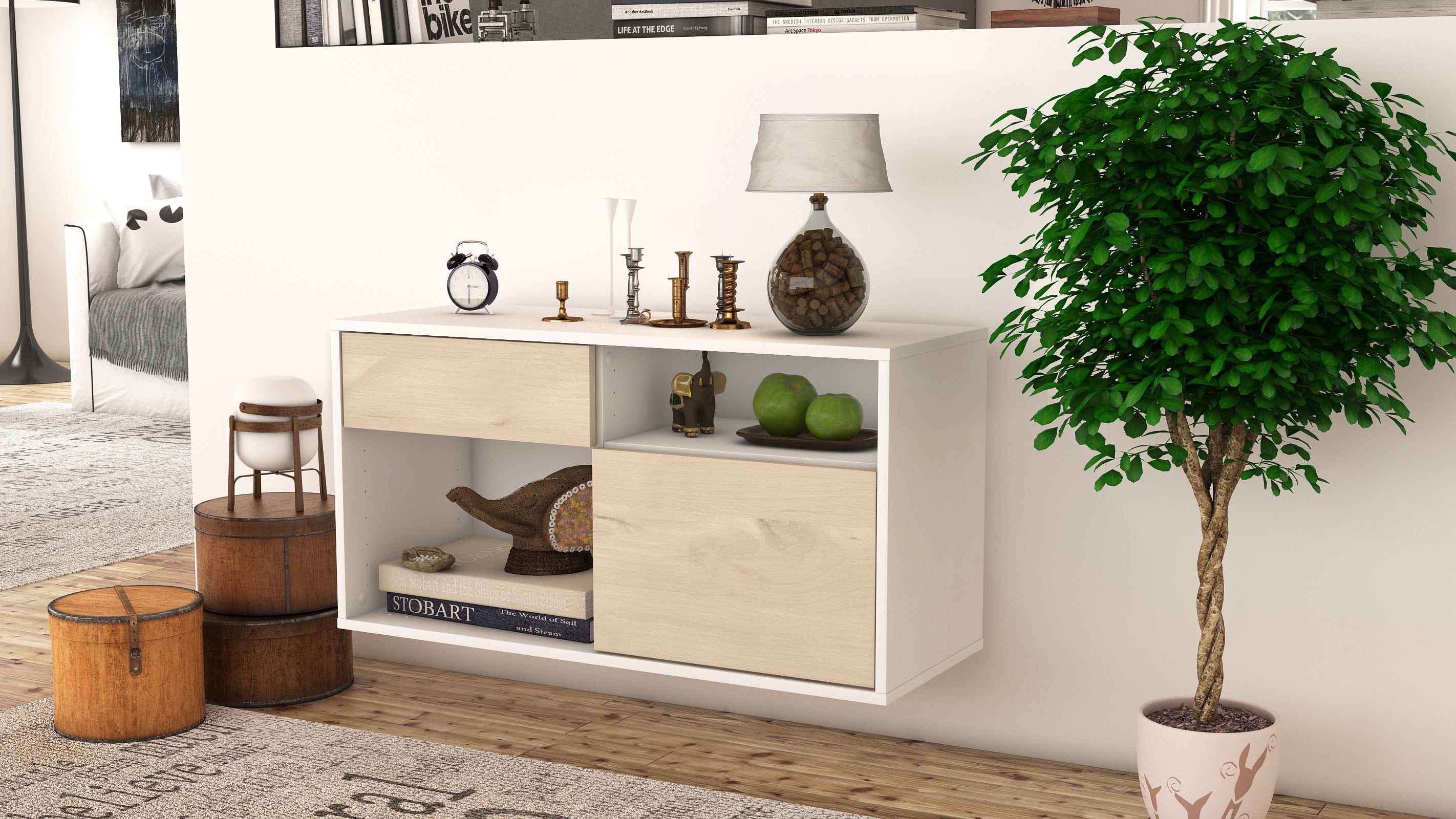 Lowboard - Albina - Design Holzdekor - Wandmontage mit Push to Open 92 cm Weiss