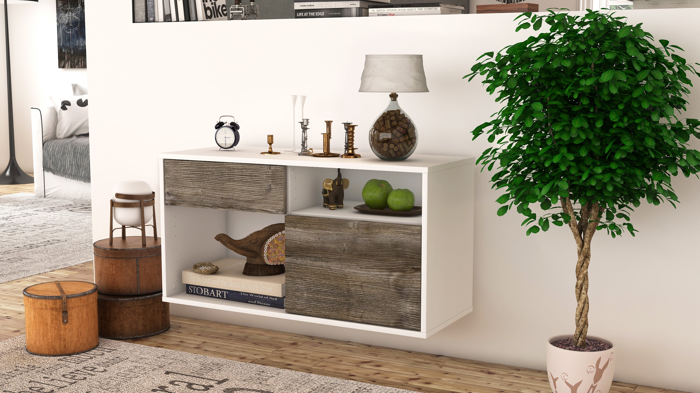 Lowboard - Albina - Design Holzdekor - Wandmontage mit Push to Open 92 cm Weiss