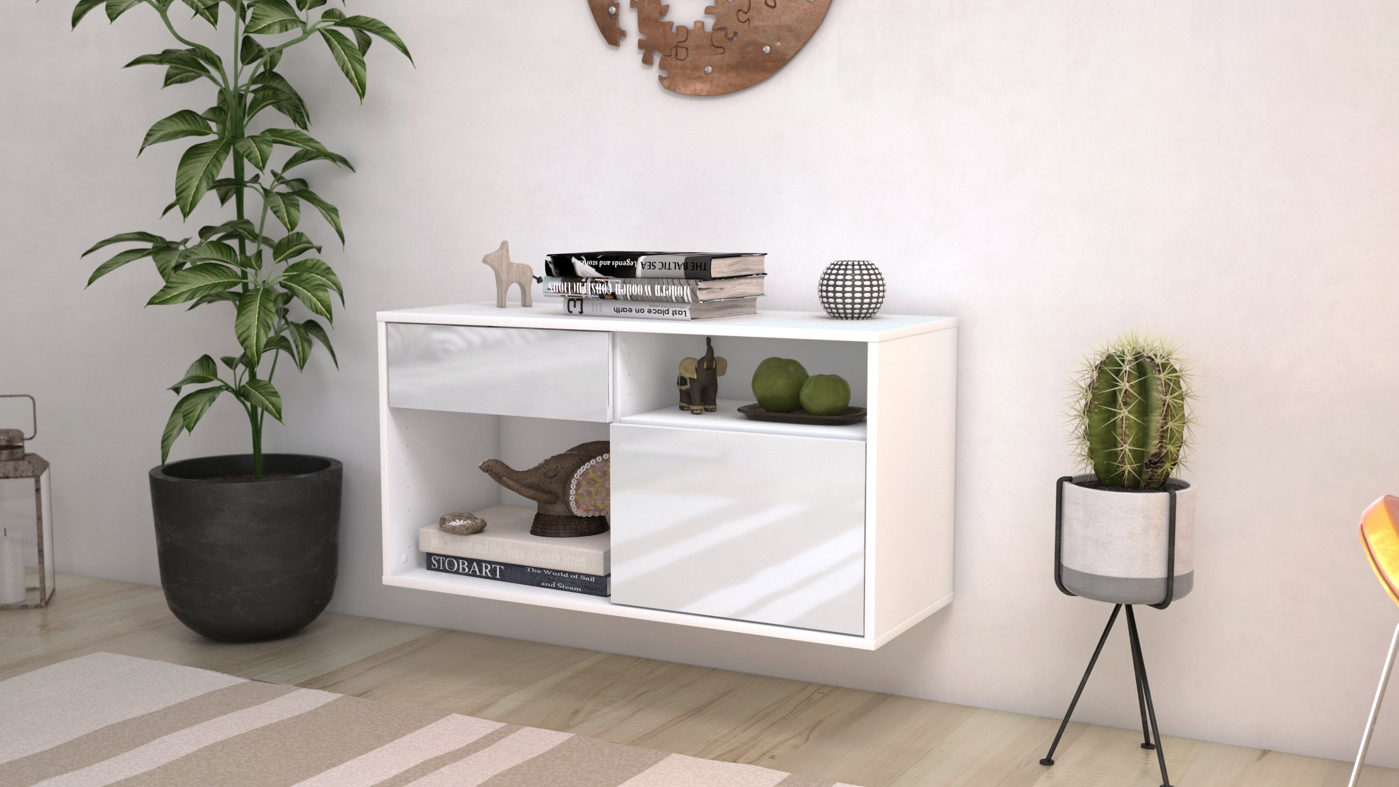 Lowboard - Albina - Design Hochglanz - Wandmontage mit Push to Open 92 cm Weiss