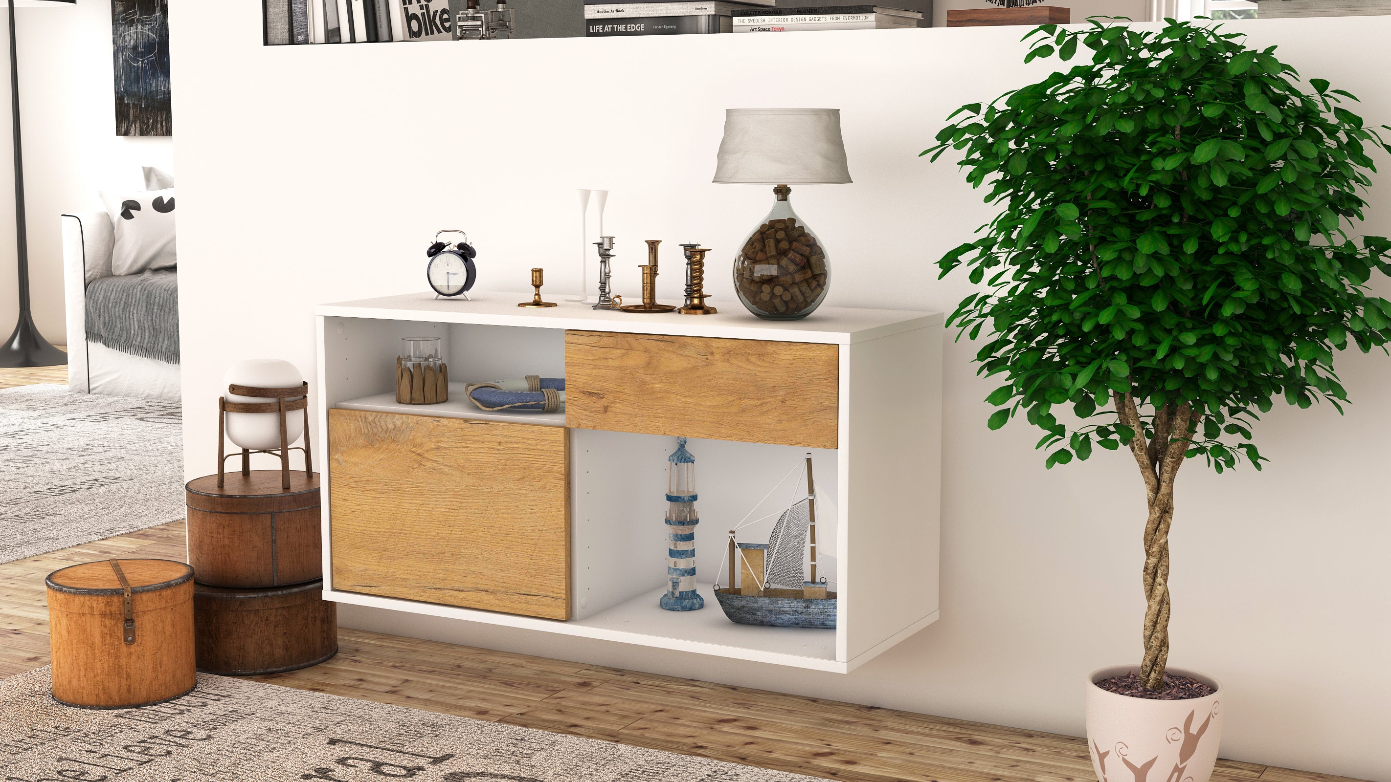 Lowboard - Alecia - Design Holzdekor - Wandmontage mit Push to Open 92 cm Weiss