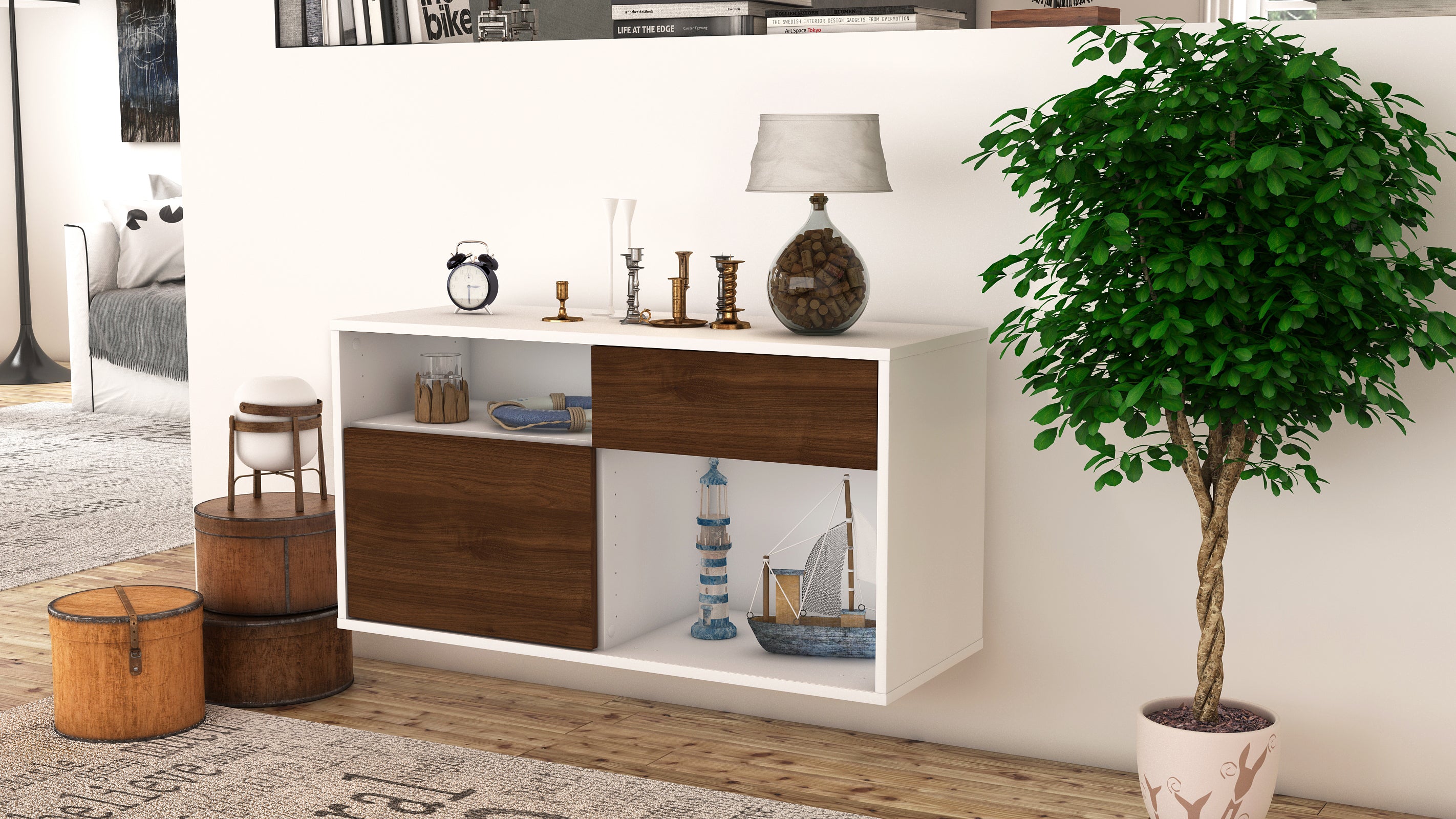 Lowboard - Alecia - Design Holzdekor - Wandmontage mit Push to Open 92 cm Weiss