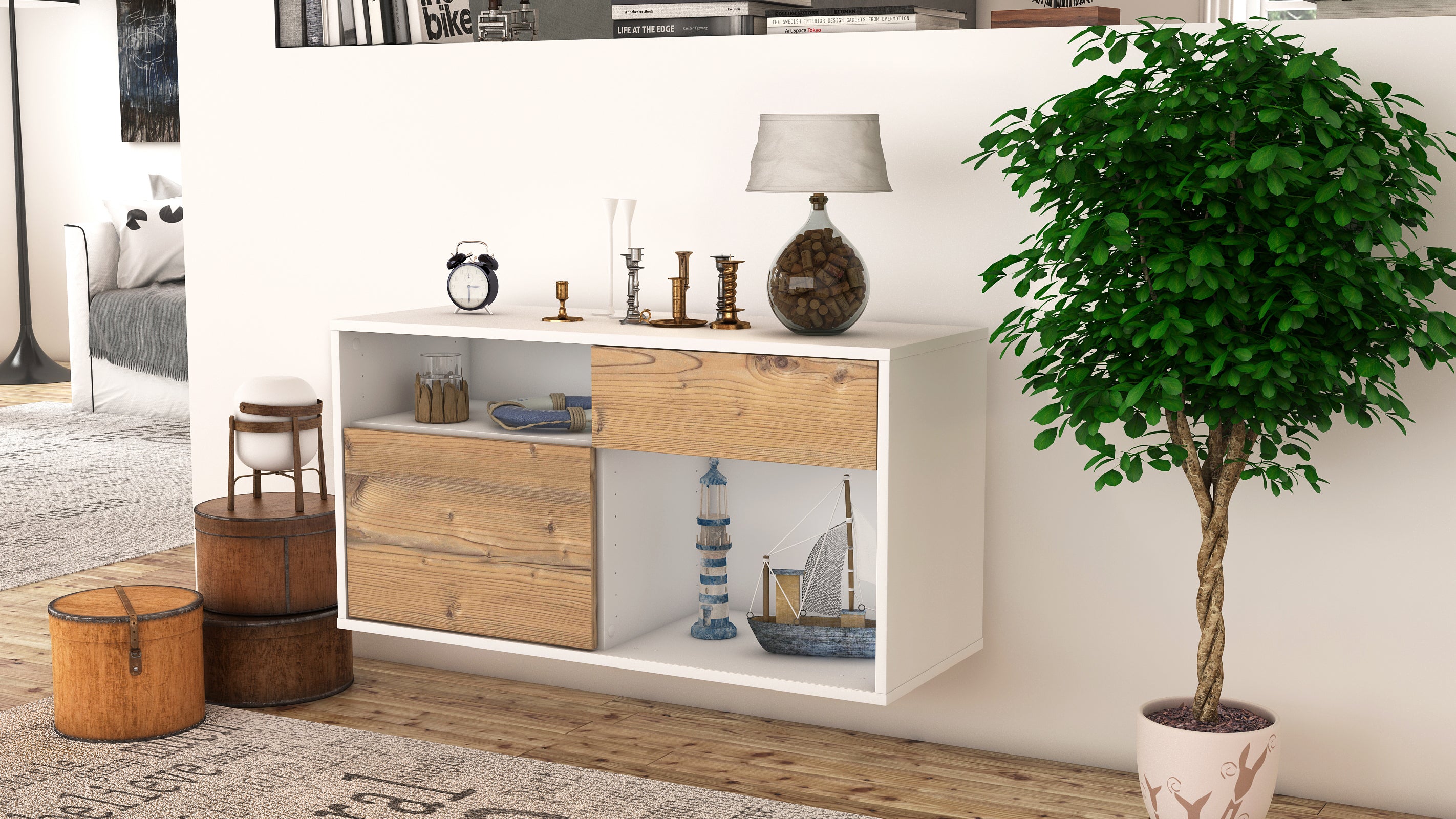 Lowboard - Alecia - Design Holzdekor - Wandmontage mit Push to Open 92 cm Weiss