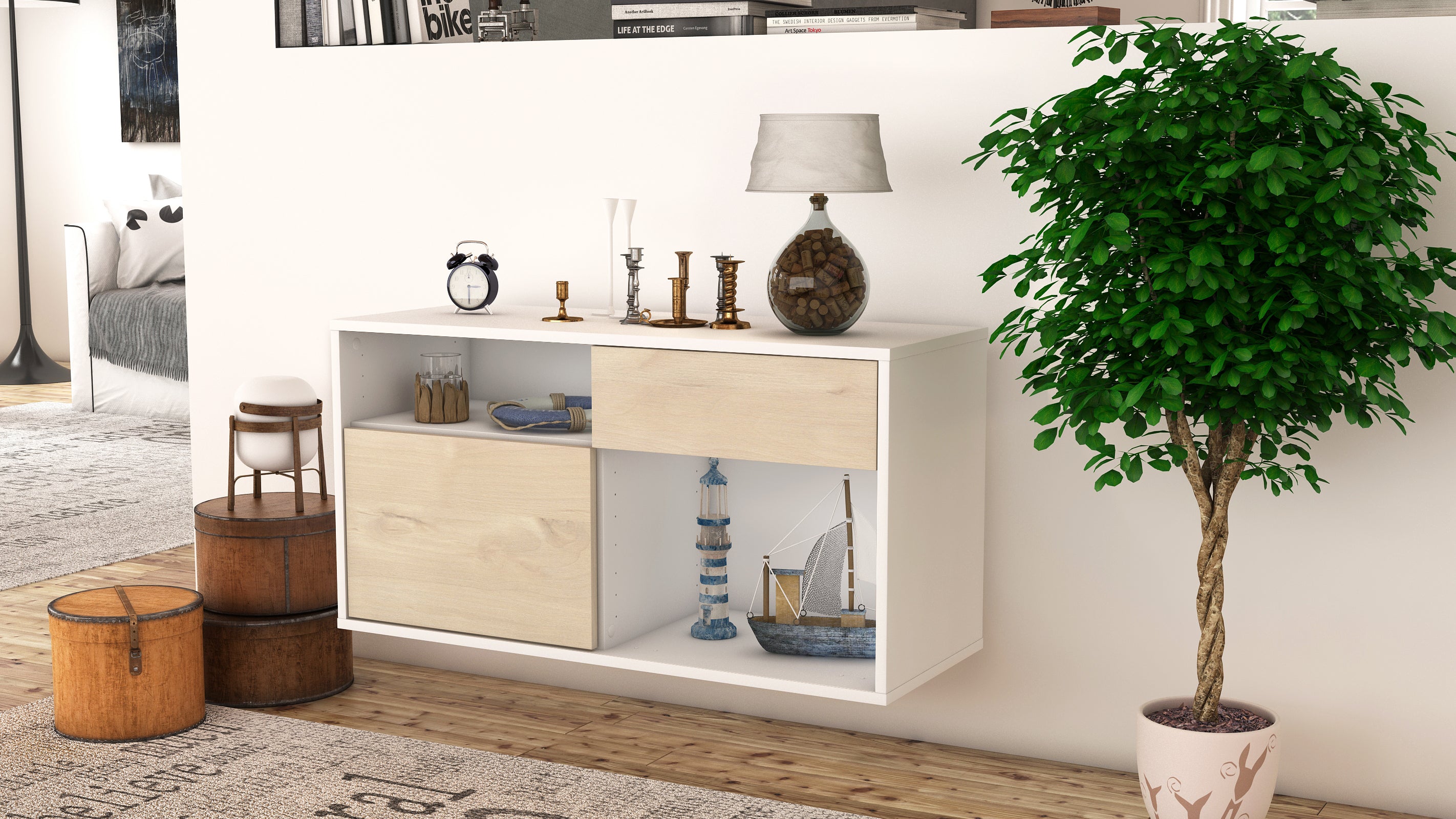 Lowboard - Alecia - Design Holzdekor - Wandmontage mit Push to Open 92 cm Weiss