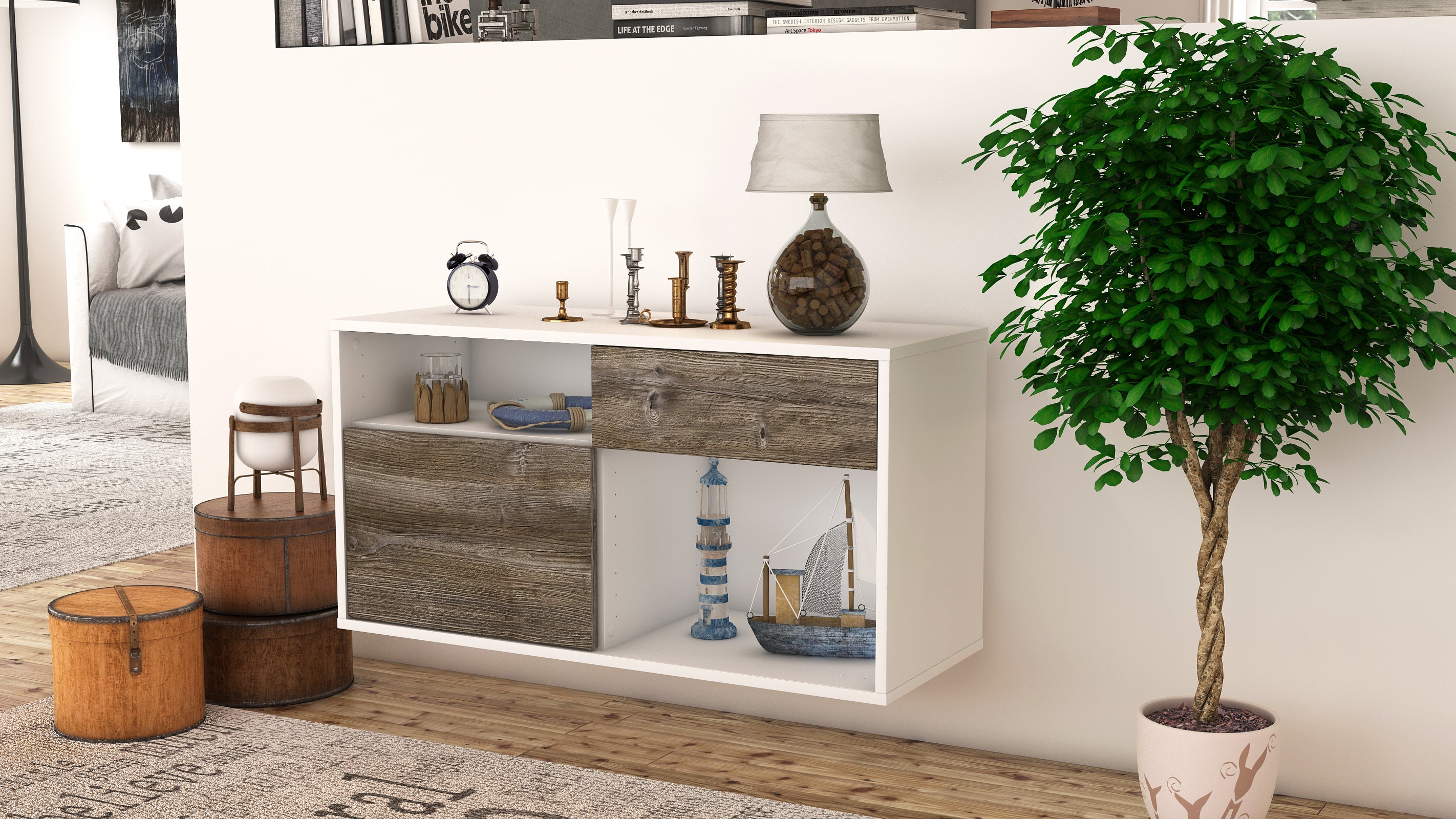 Lowboard - Alecia - Design Holzdekor - Wandmontage mit Push to Open 92 cm Weiss