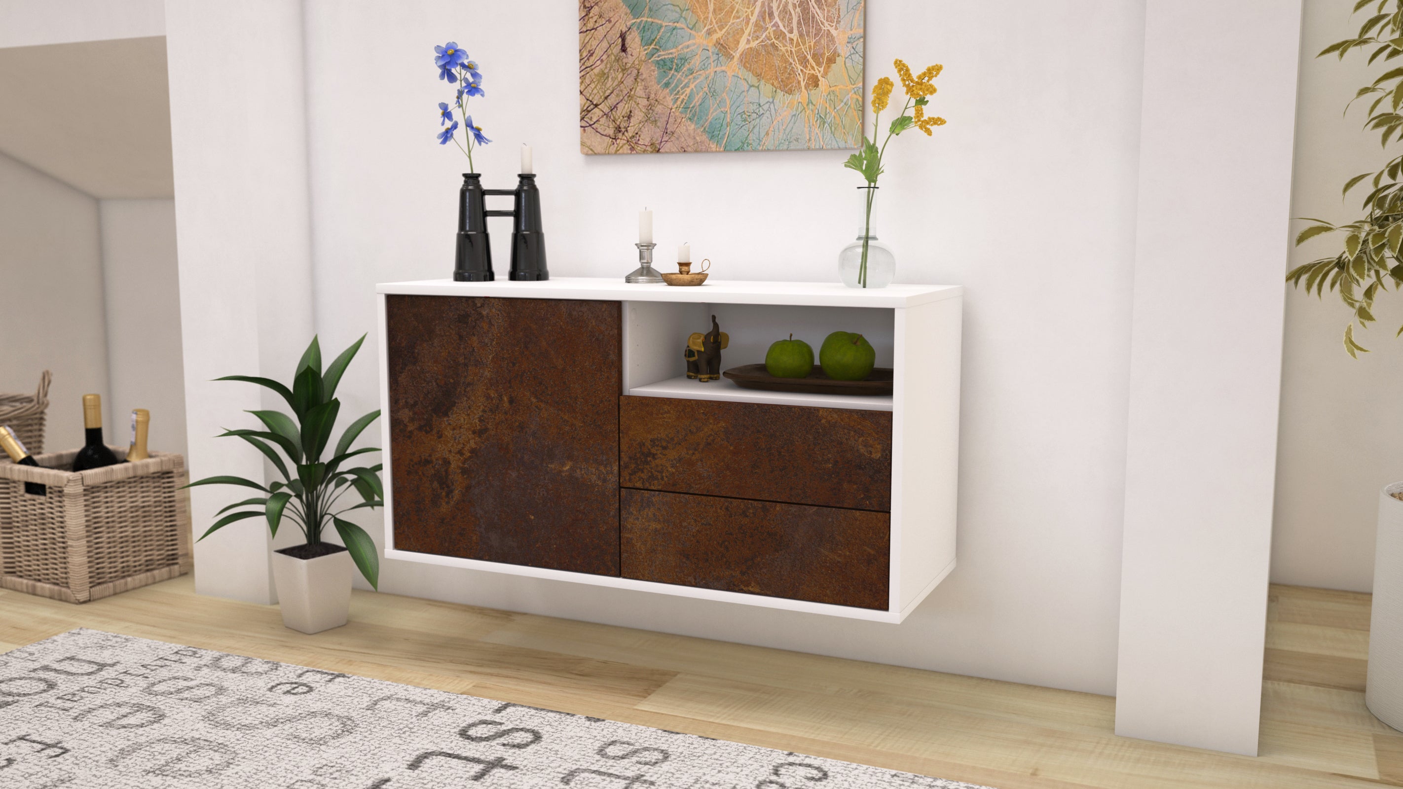 Lowboard - Alessia - Design Industrie Stil - Wandmontage mit Push to Open 92 cm Weiss