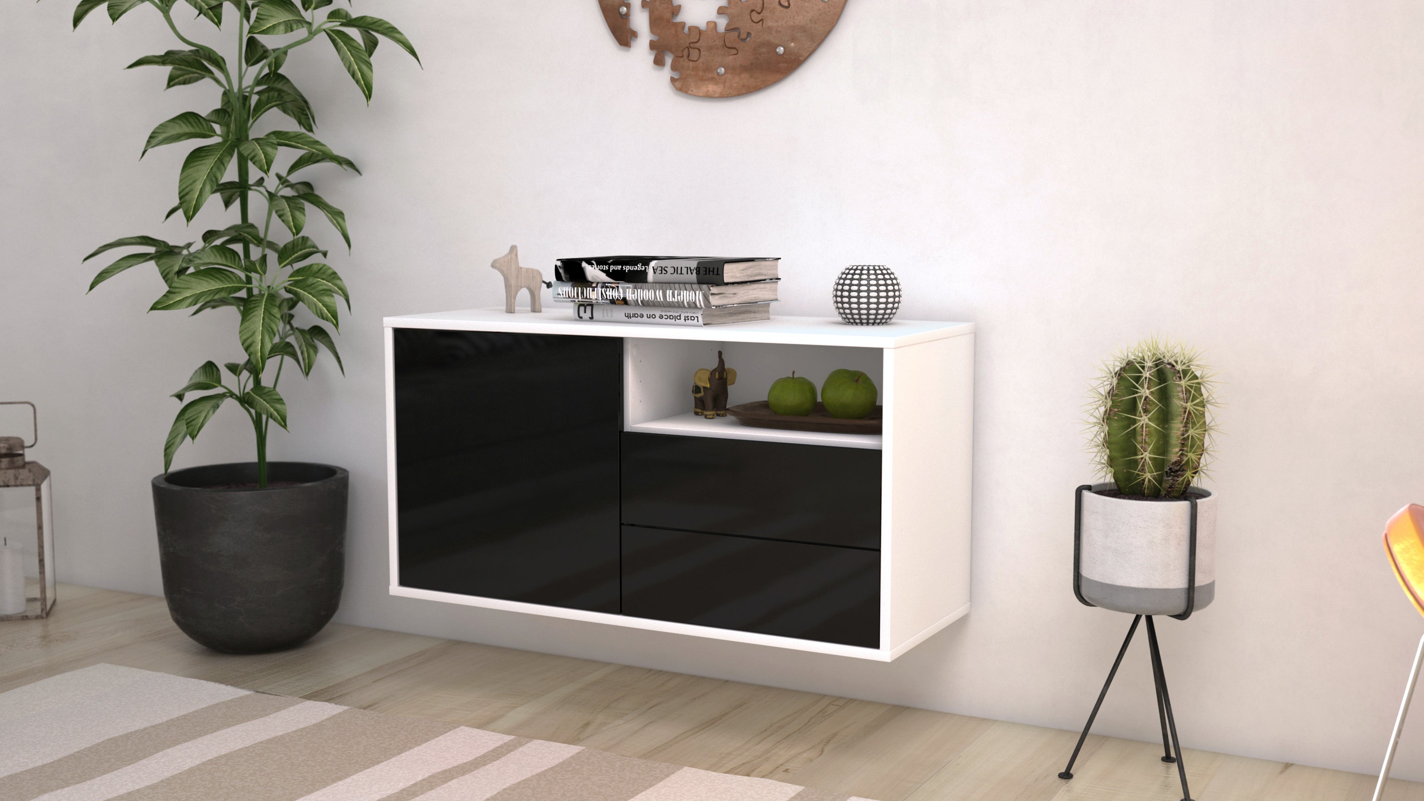 Lowboard - Alessia - Design Hochglanz - Wandmontage mit Push to Open 92 cm Weiss