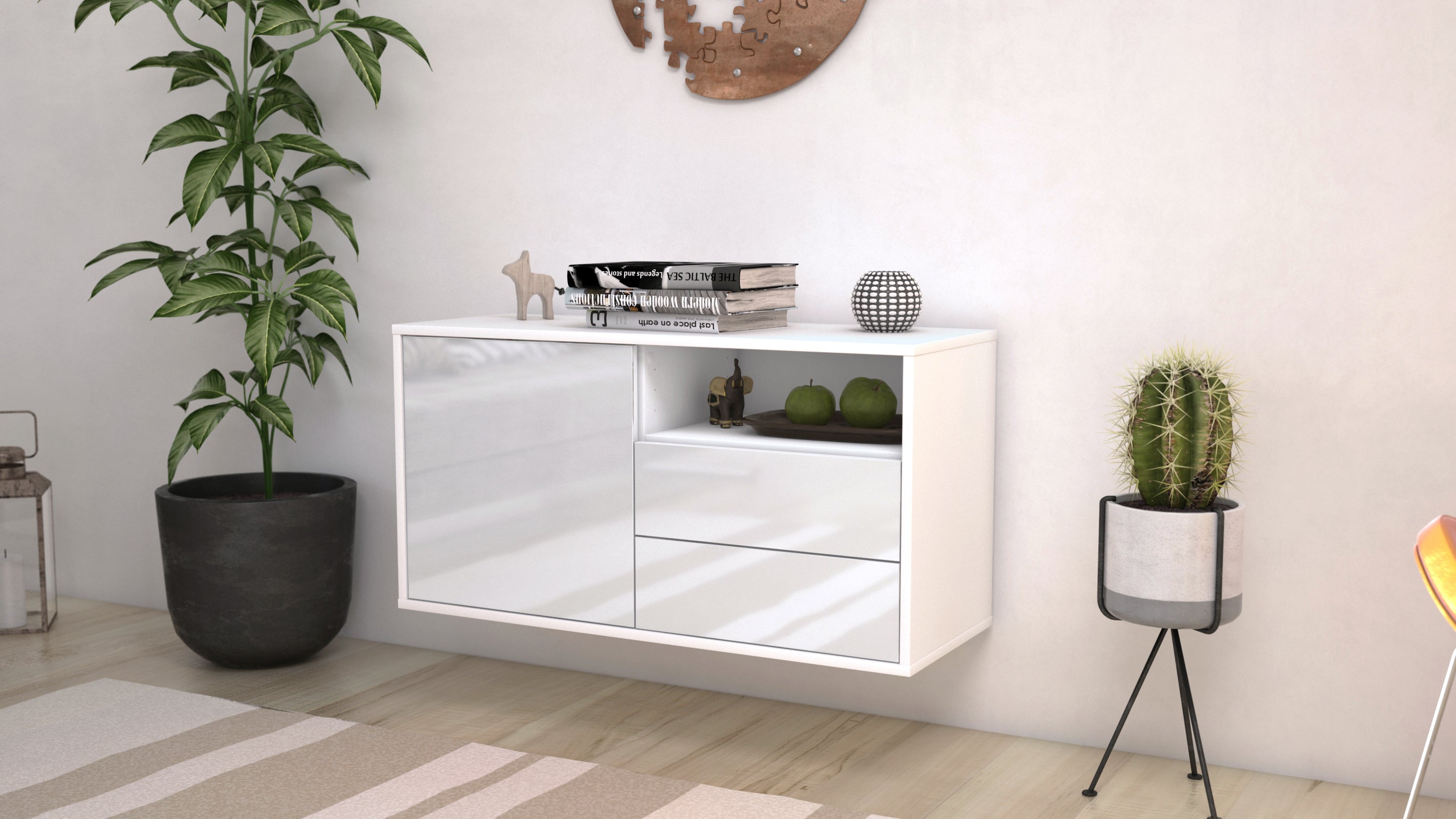 Lowboard - Alessia - Design Hochglanz - Wandmontage mit Push to Open 92 cm Weiss