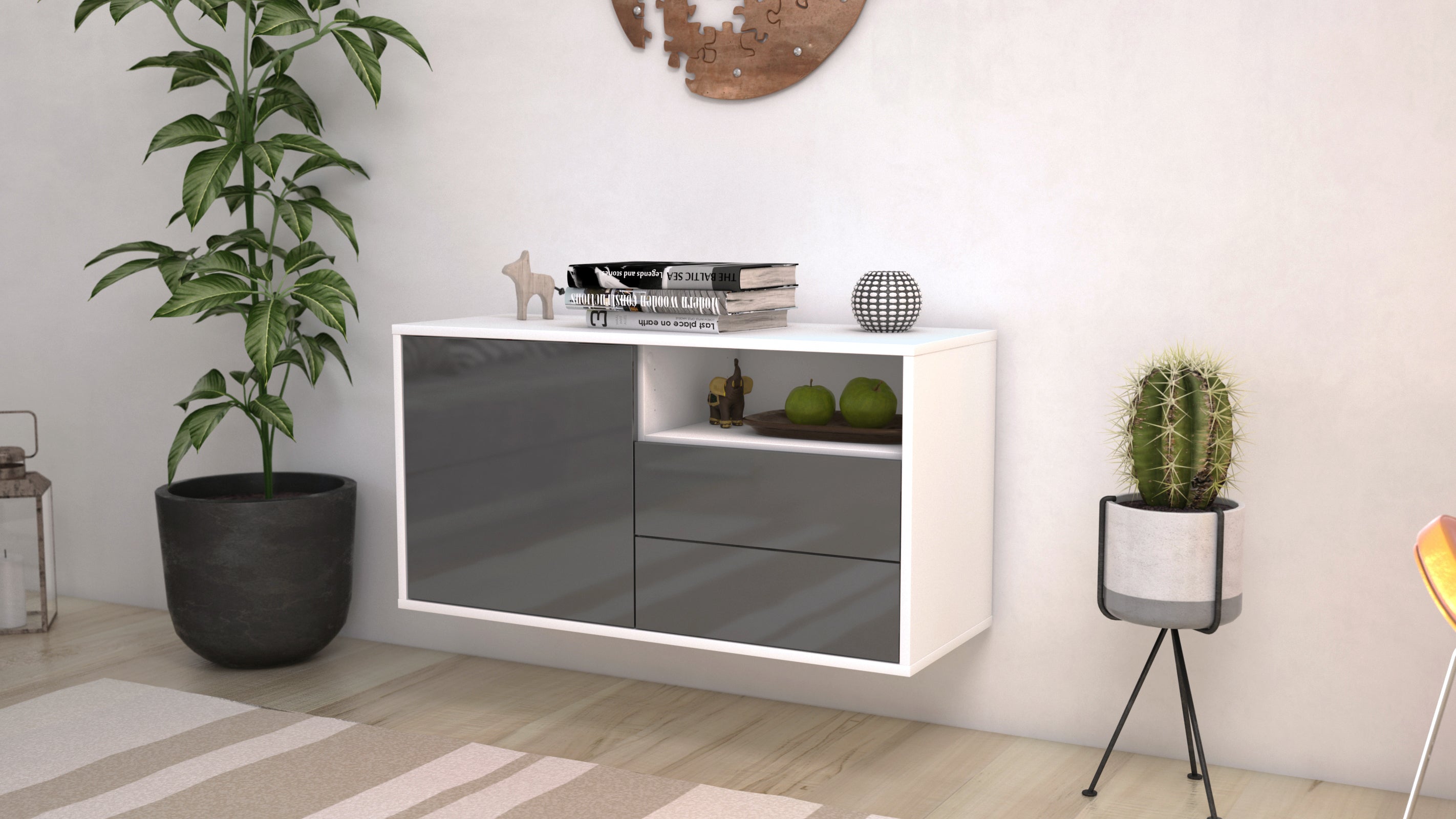 Lowboard - Alessia - Design Hochglanz - Wandmontage mit Push to Open 92 cm Weiss