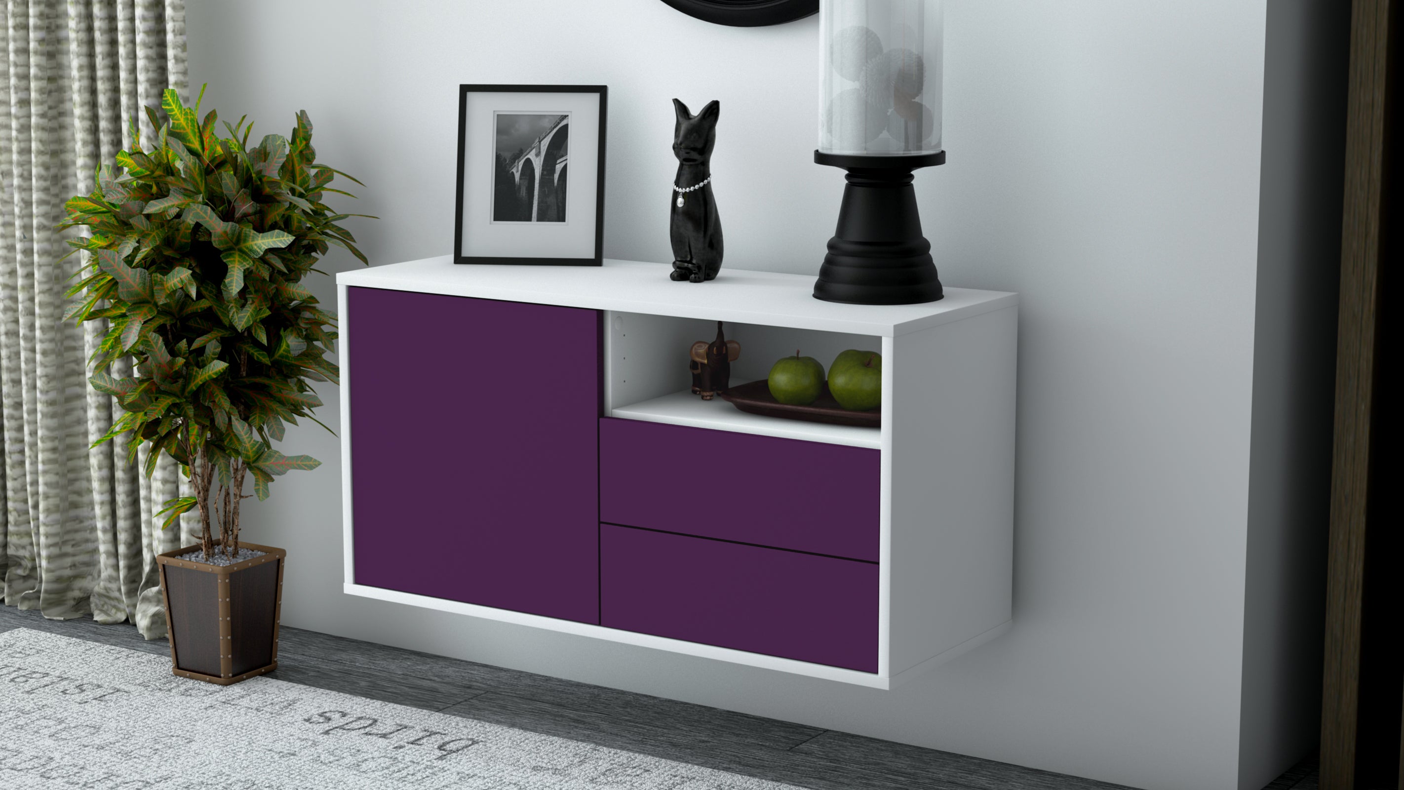 Lowboard - Alessia - Design Farbakzent - Wandmontage mit Push to Open 92 cm Weiss