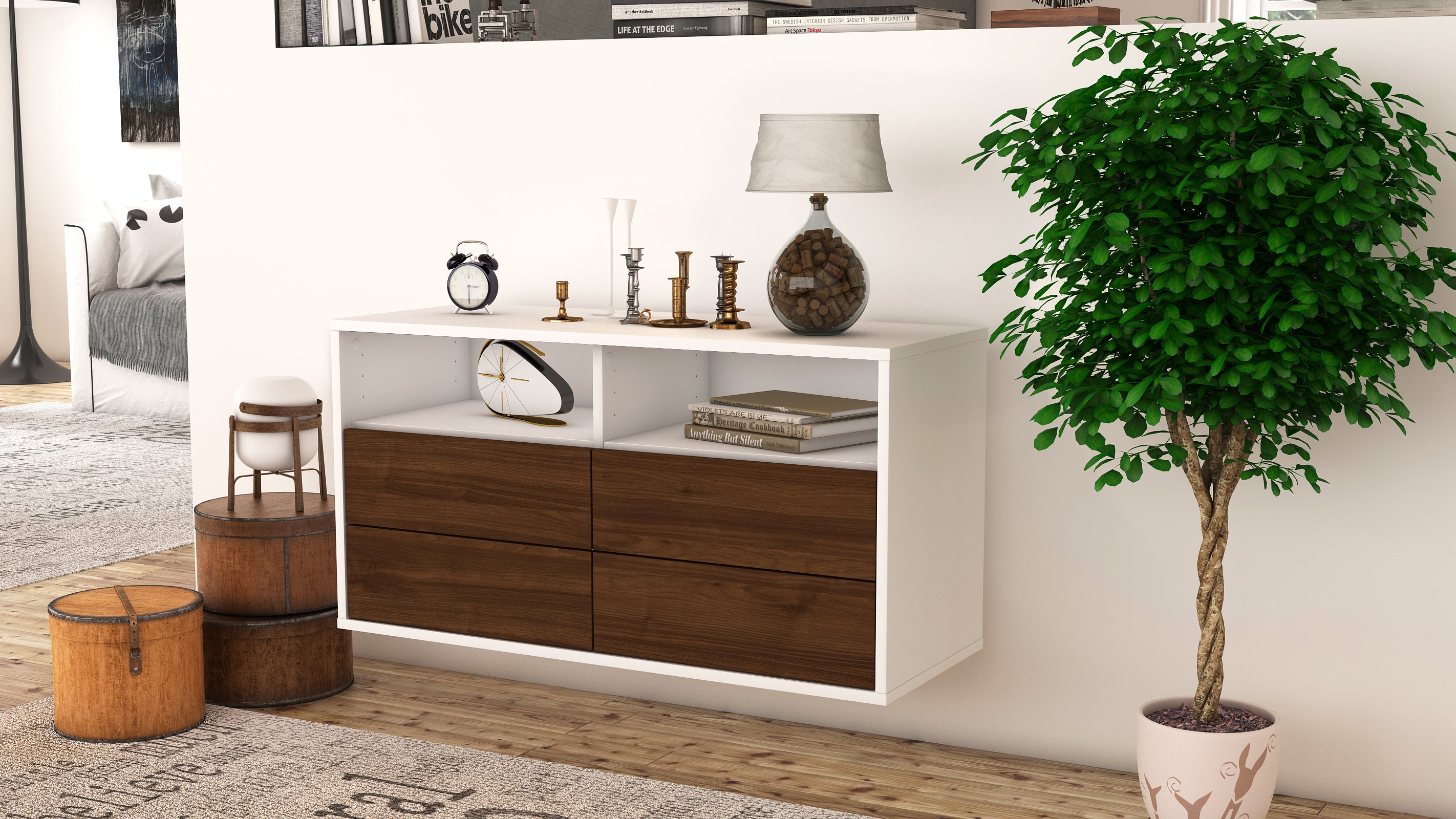 Lowboard - Alia - Design Holzdekor - Wandmontage mit Push to Open 92 cm Weiss