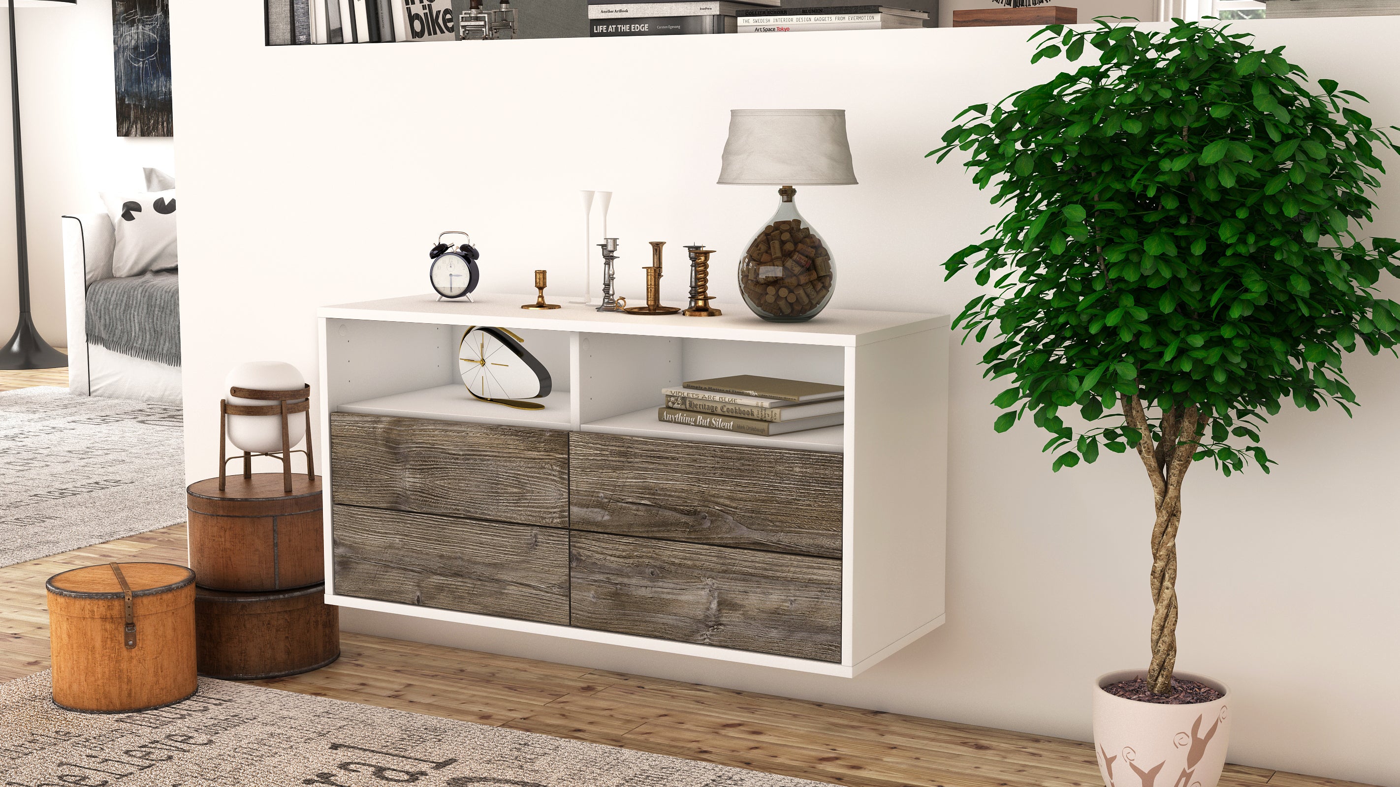 Lowboard - Alia - Design Holzdekor - Wandmontage mit Push to Open 92 cm Weiss