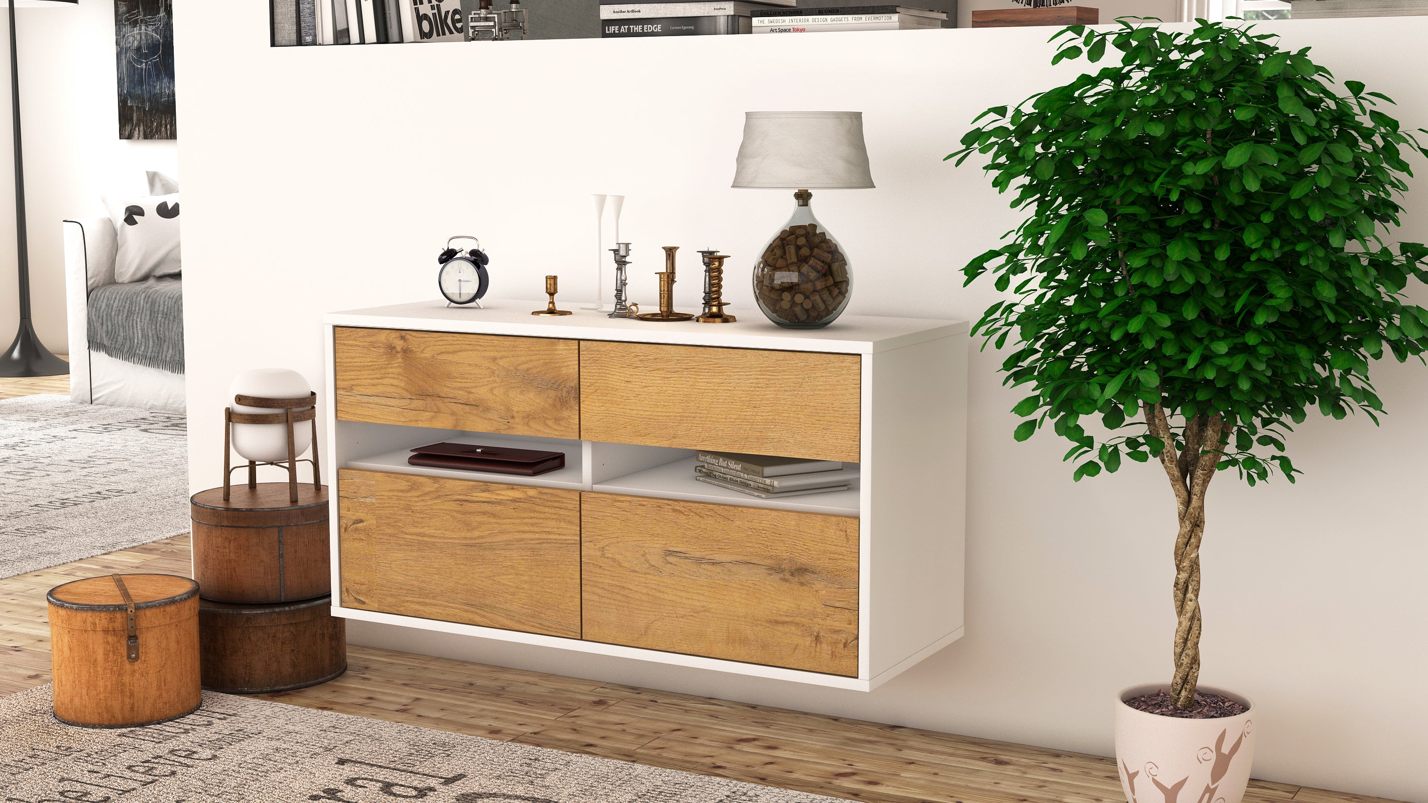 Lowboard - Alice - Design Holzdekor - Wandmontage mit Push to Open 92 cm Weiss