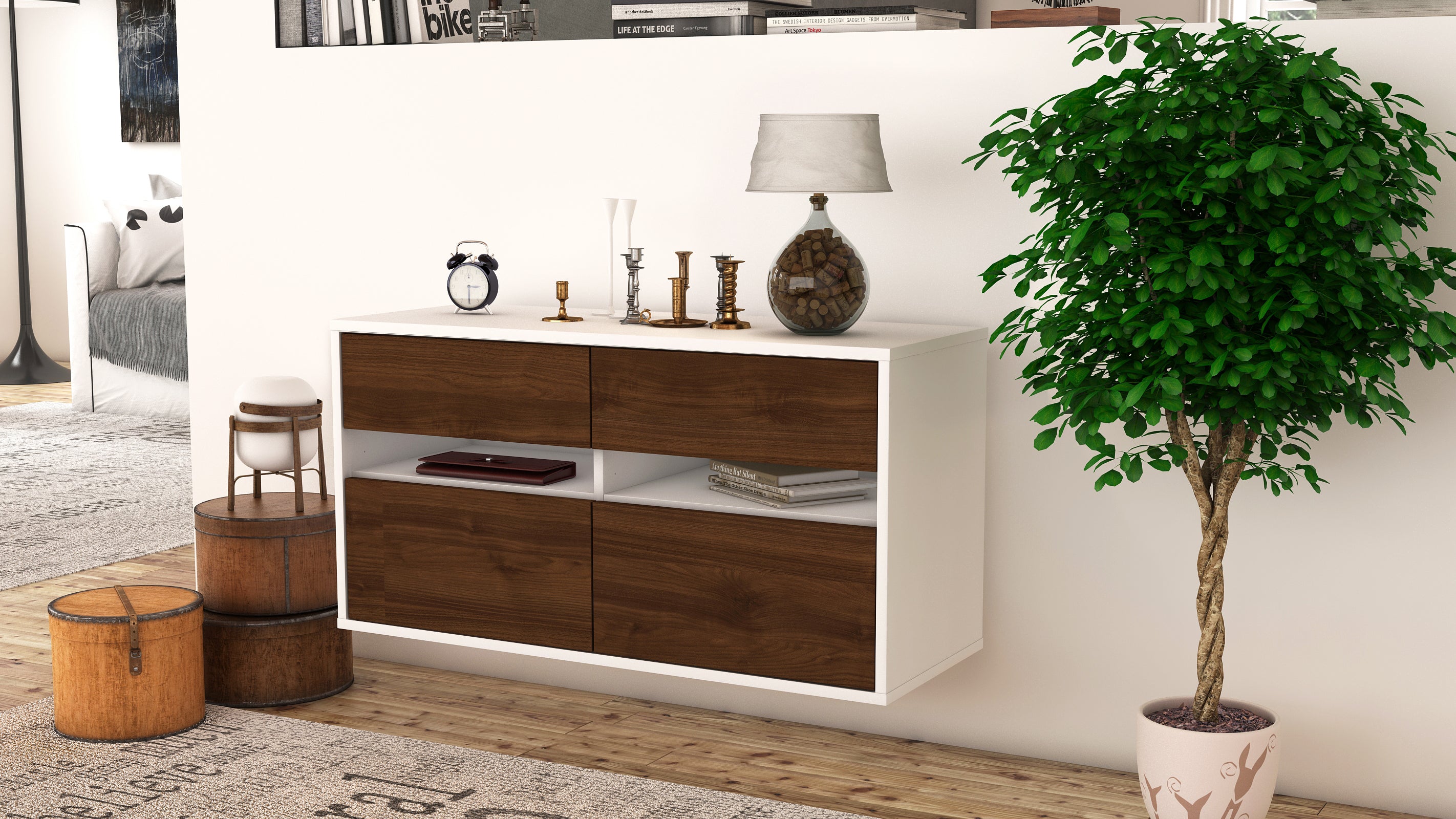 Lowboard - Alice - Design Holzdekor - Wandmontage mit Push to Open 92 cm Weiss