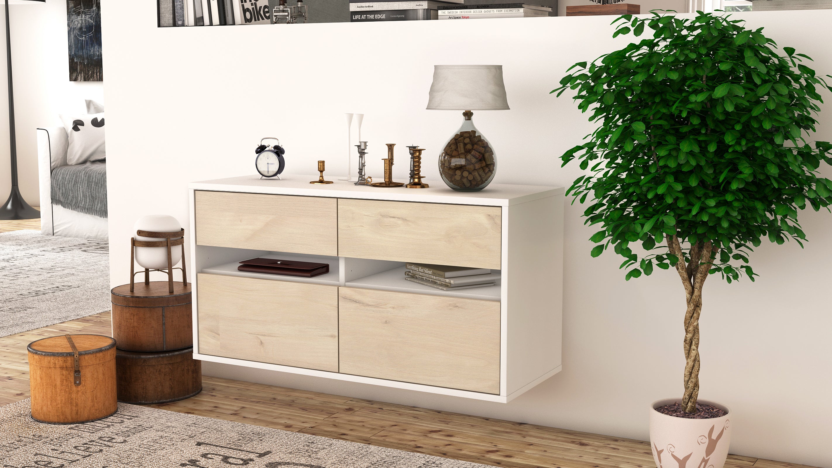 Lowboard - Alice - Design Holzdekor - Wandmontage mit Push to Open 92 cm Weiss