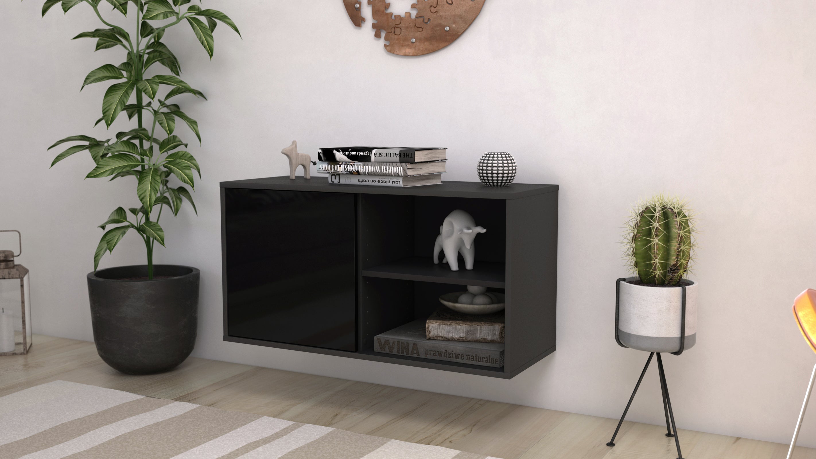 Lowboard - Adelia - Design Hochglanz - Wandmontage mit Push to Open 92 cm Anthrazit