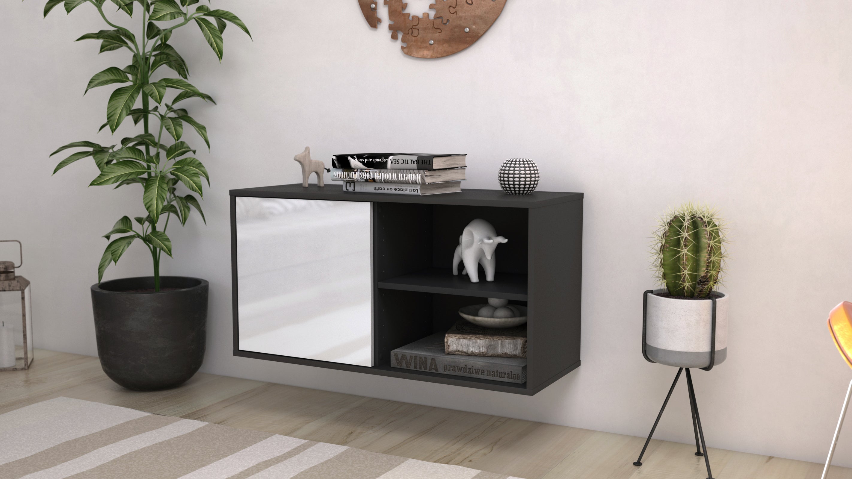 Lowboard - Adelia - Design Hochglanz - Wandmontage mit Push to Open 92 cm Anthrazit