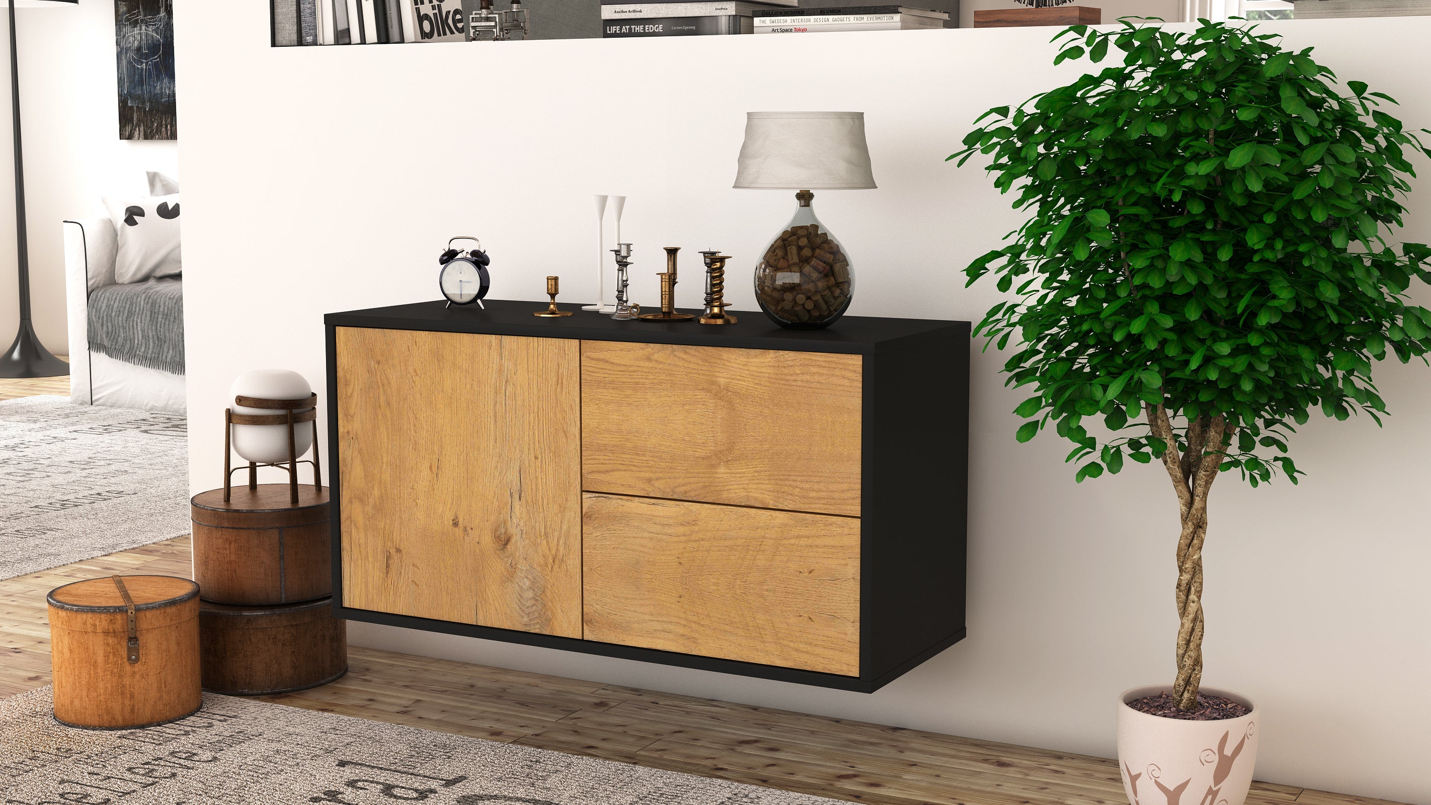 Lowboard - Adria - Design Holzdekor - Wandmontage mit Push to Open 92 cm Anthrazit