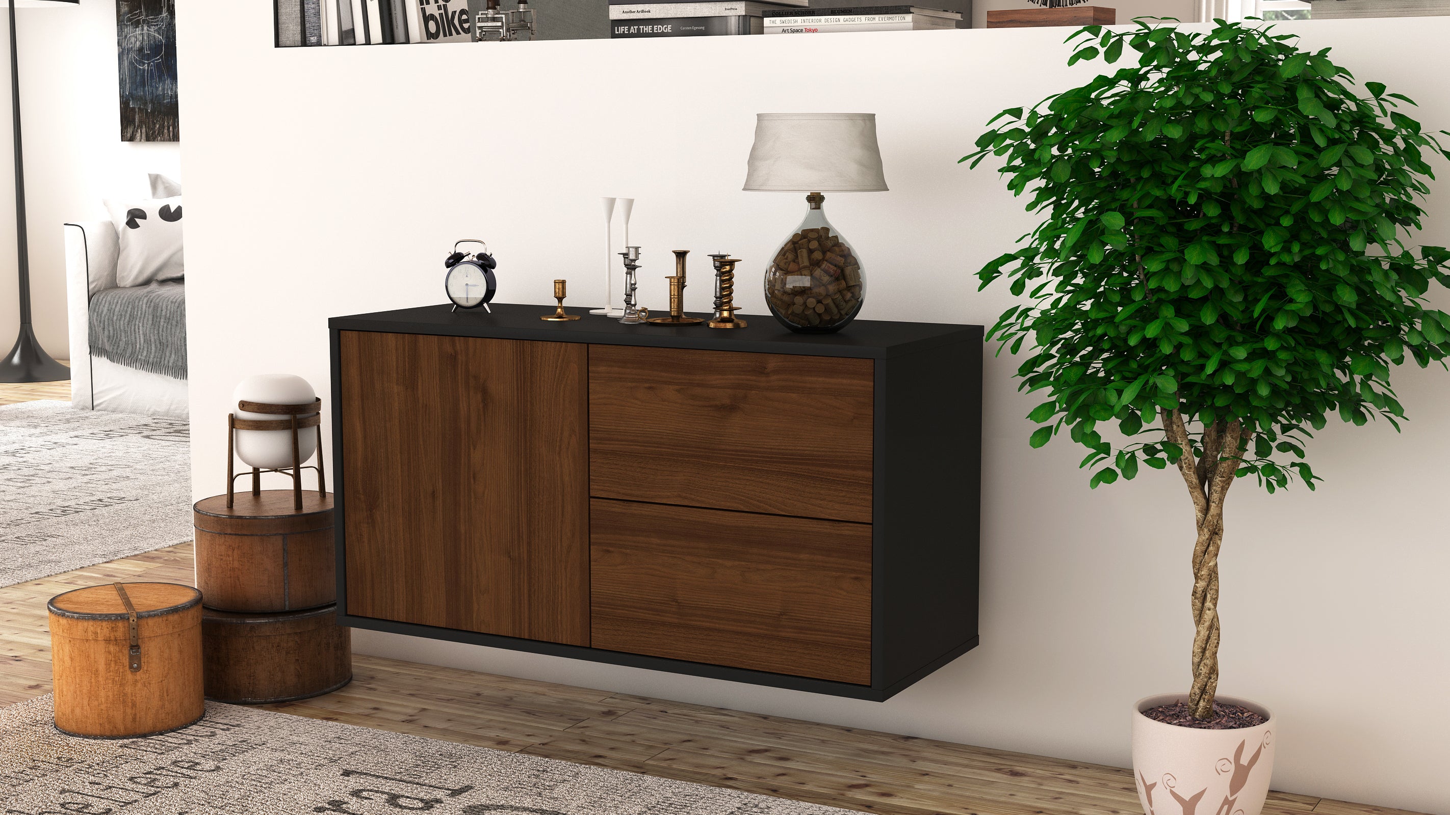 Lowboard - Adria - Design Holzdekor - Wandmontage mit Push to Open 92 cm Anthrazit