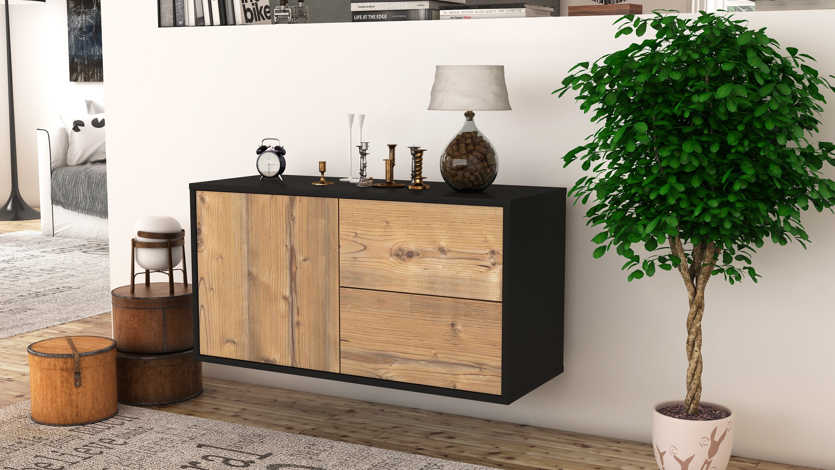 Lowboard - Adria - Design Holzdekor - Wandmontage mit Push to Open 92 cm Anthrazit