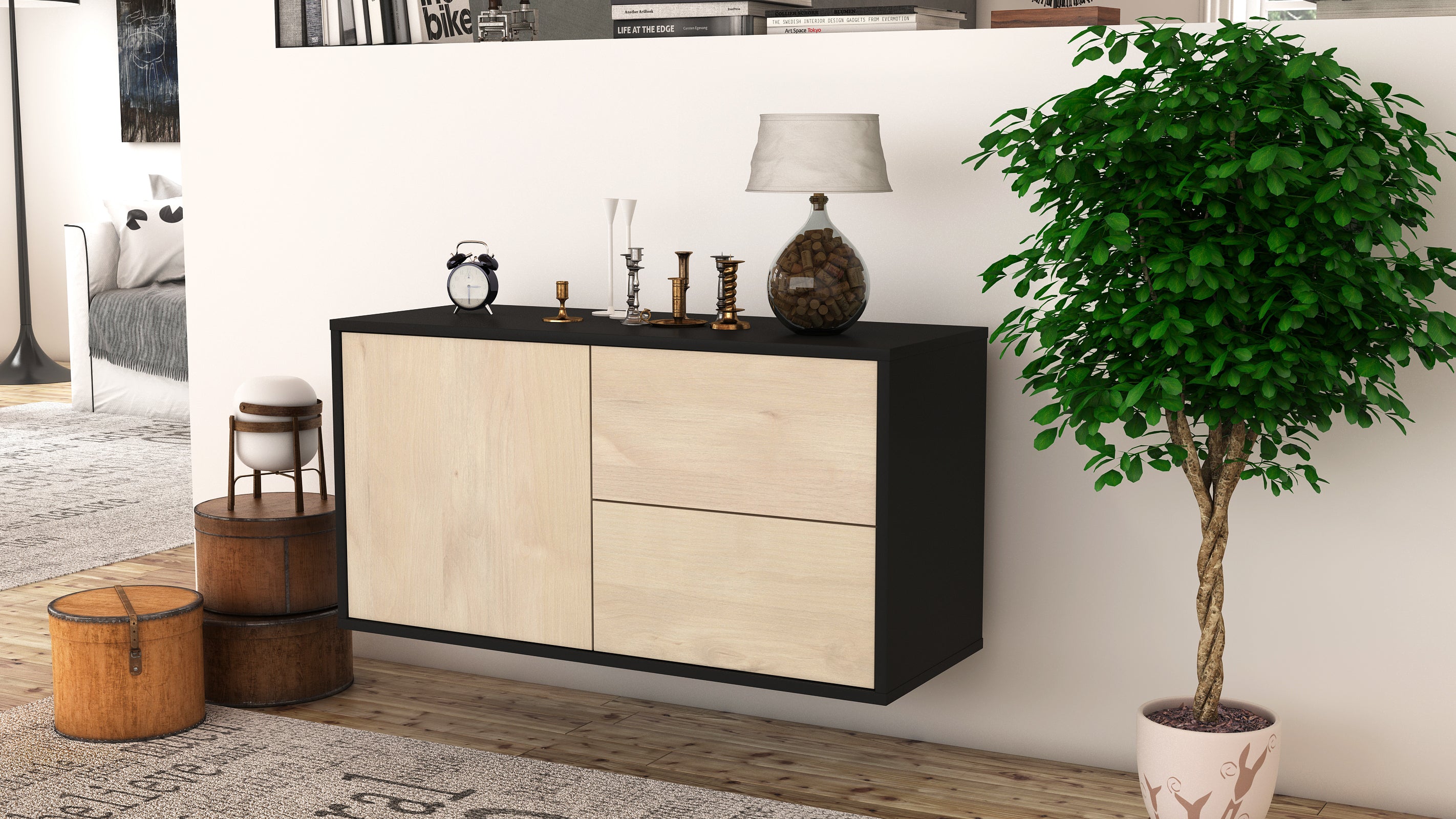 Lowboard - Adria - Design Holzdekor - Wandmontage mit Push to Open 92 cm Anthrazit