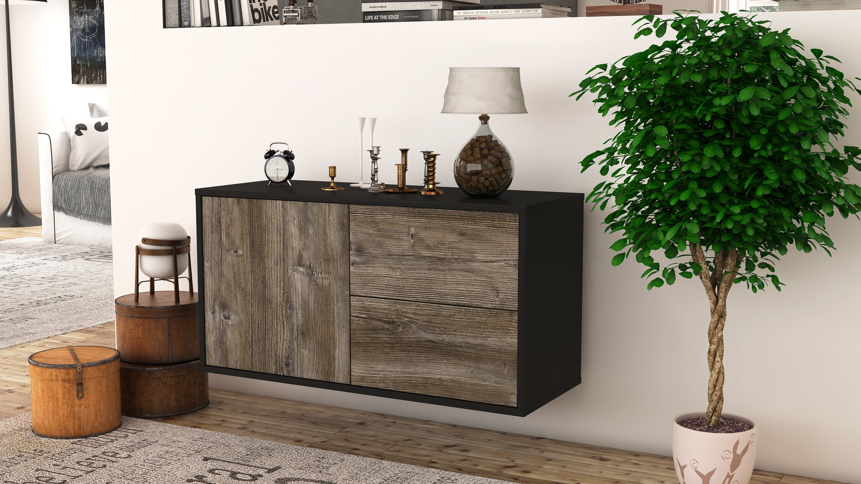 Lowboard - Adria - Design Holzdekor - Wandmontage mit Push to Open 92 cm Anthrazit