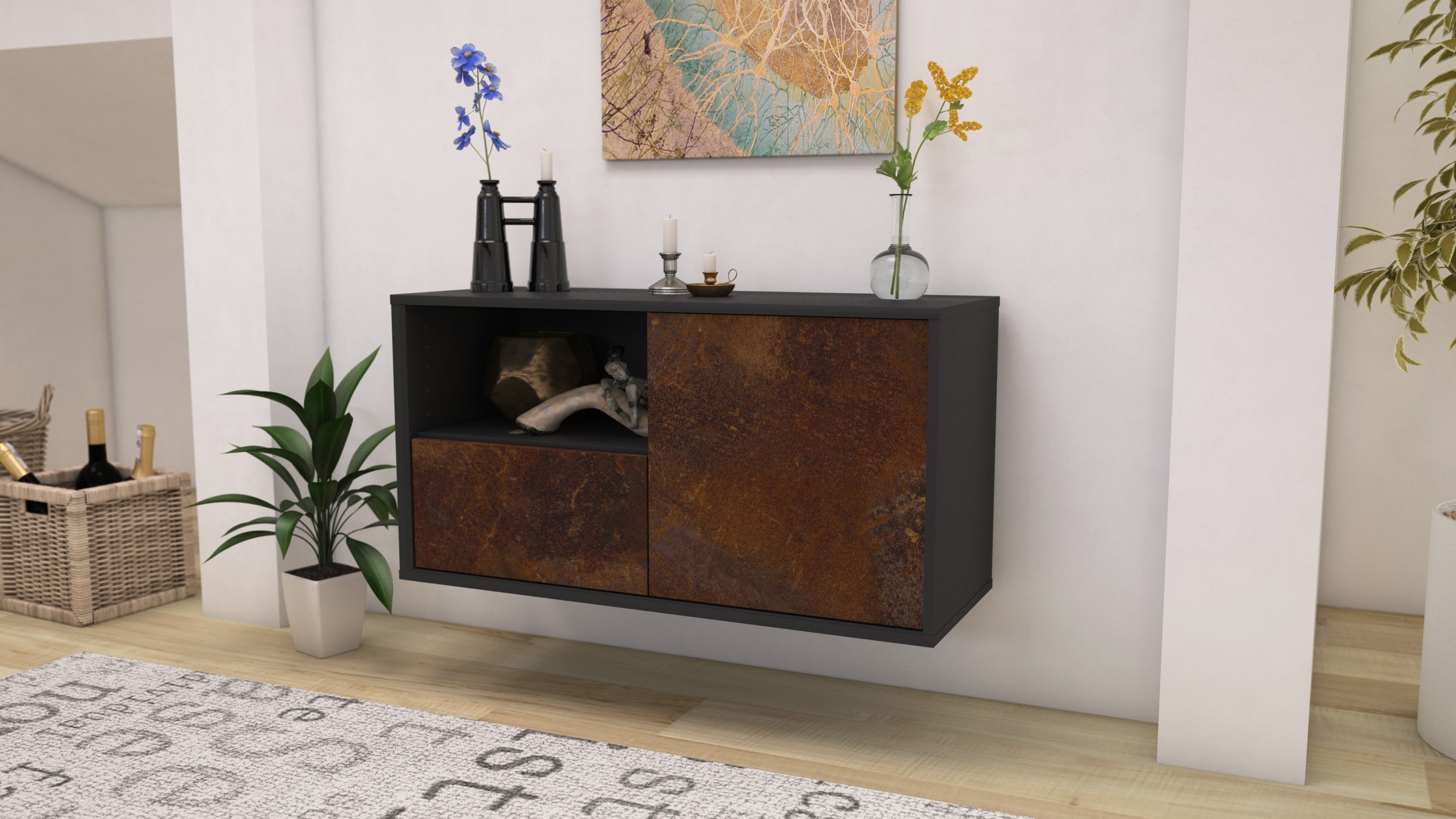 Lowboard - Adrina - Design Industrie Stil - Wandmontage mit Push to Open 92 cm Anthrazit