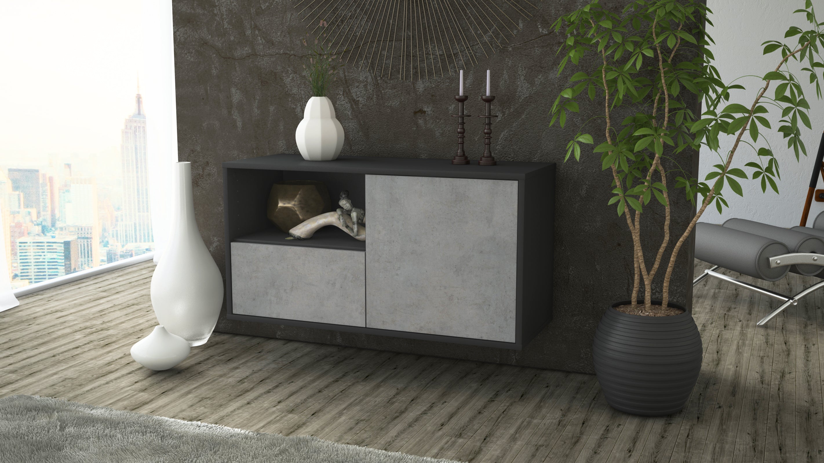 Lowboard - Adrina - Design Industrie Stil - Wandmontage mit Push to Open 92 cm Anthrazit